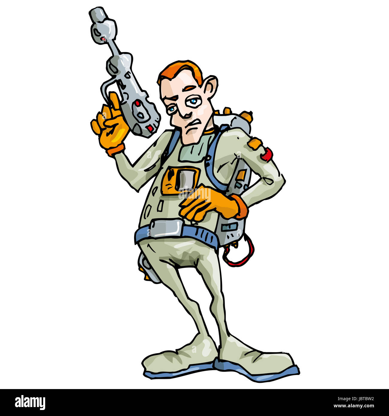 Cartoon-Astronauten im Raumanzug mit einem Gewehr Lazer. Isoliert auf weiss Stockfoto