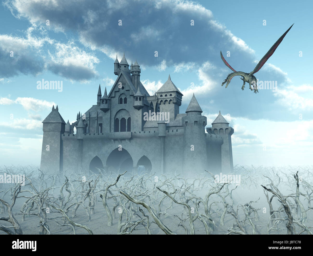 Schloss und Flying Dragon Stockfoto