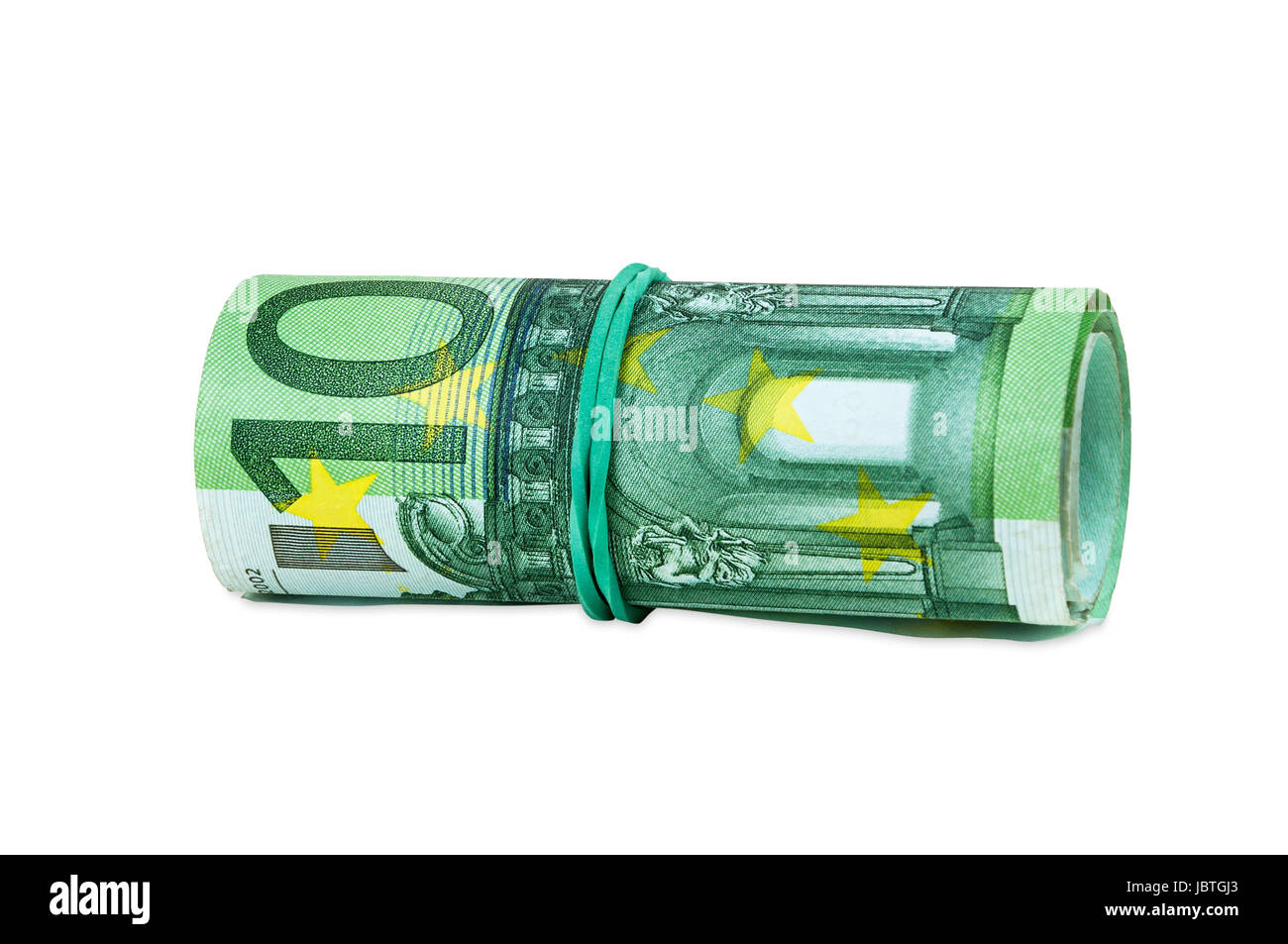 Banknoten von 100 Euro mit Kautschuk isoliert auf weißem Hintergrund mit Beschneidungspfad gerollt Stockfoto