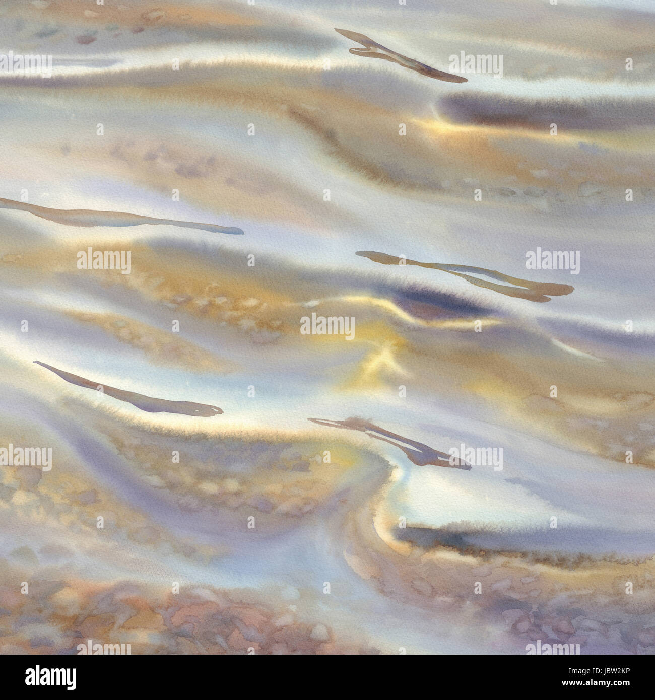 Sand und Steinen unter sonnigen Wasser Reflexionen Aquarell. Entspannung und Meditation-Stimmung Stockfoto