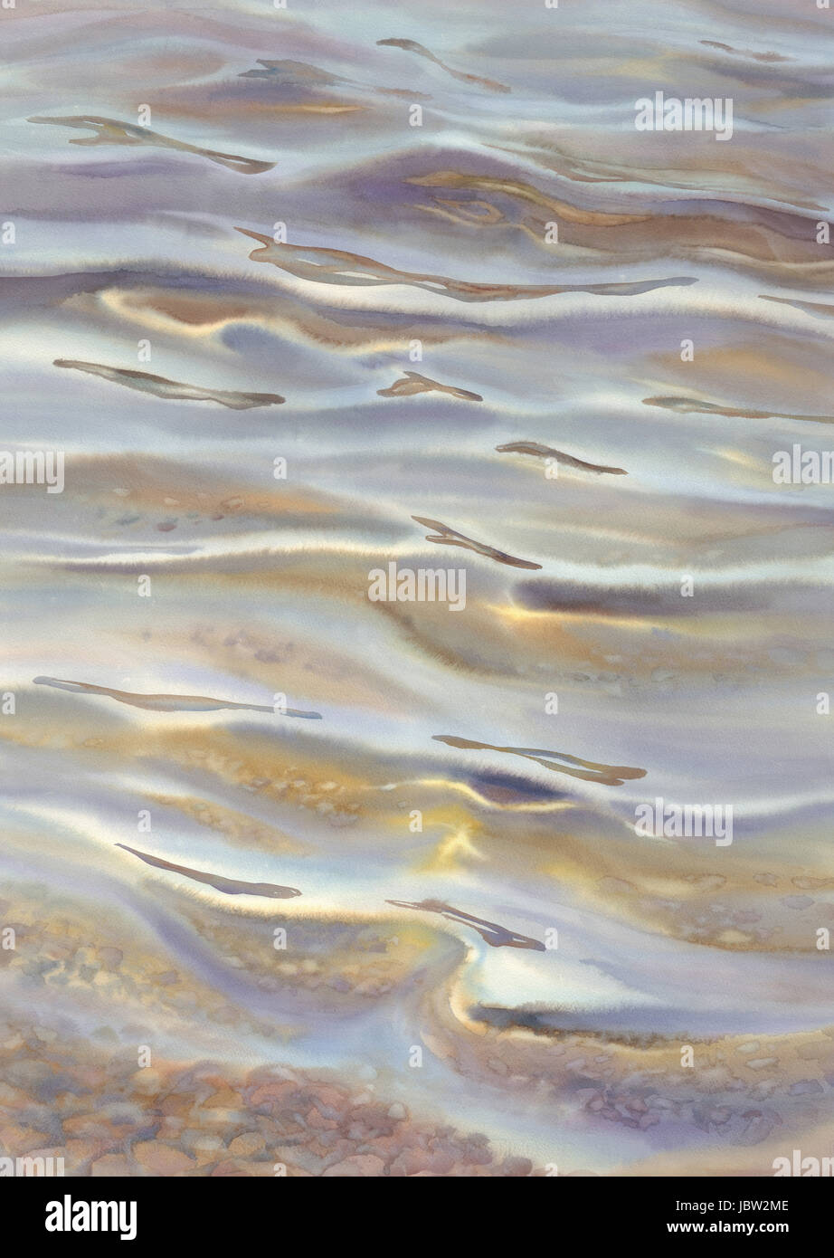 Sand und Steinen unter sonnigen Wasser Reflexionen Aquarell. Entspannung und Meditation-Stimmung Stockfoto