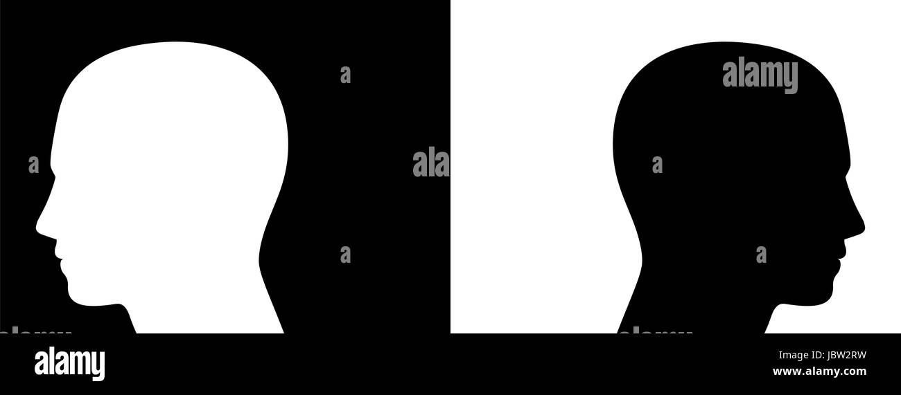Trennung, Streit, Gegner - symbolisch dargestellt durch zwei entgegengesetzt Silhouetten der Köpfe auf schwarzen und weißen Hintergrund. Stockfoto