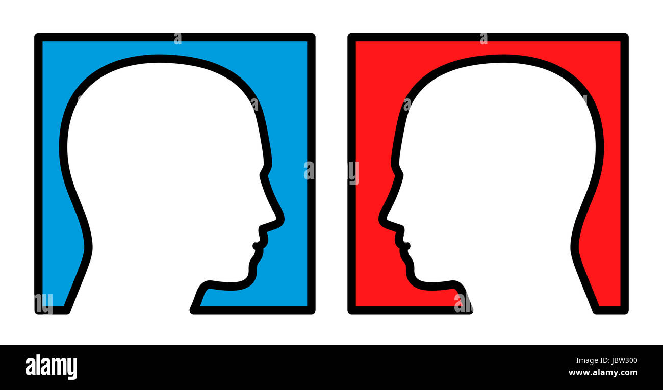 Opposition - zwei Personen einander, mit blauen und roten Hintergrund, symbolisch für Wettbewerb, Rivalität, Antagonist, Widersachers oder Weltweisen betrachtend. Stockfoto