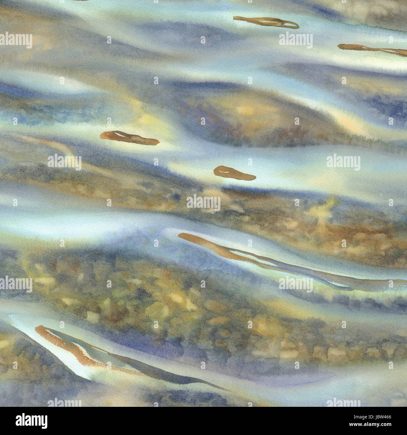 Sand und Steinen unter sonnigen Wasser Reflexionen Aquarell. Entspannung und Meditation-Stimmung Stockfoto