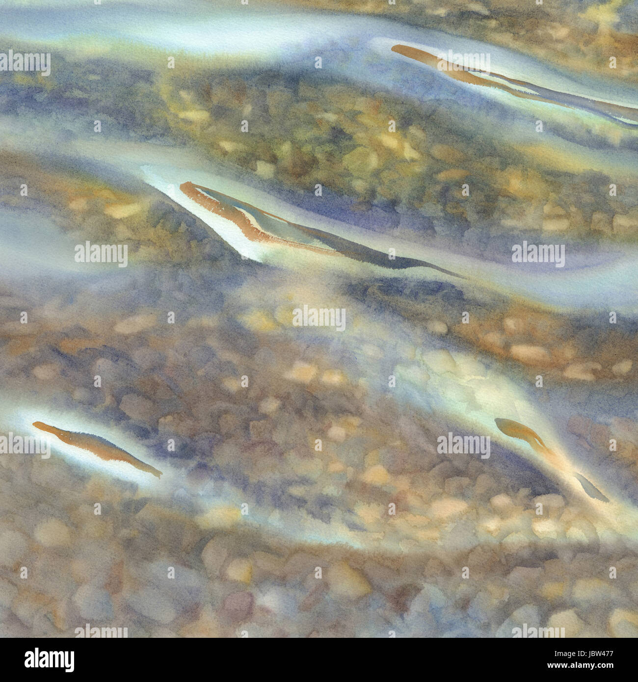 Sand und Steinen unter sonnigen Wasser Reflexionen Aquarell. Entspannung und Meditation-Stimmung Stockfoto