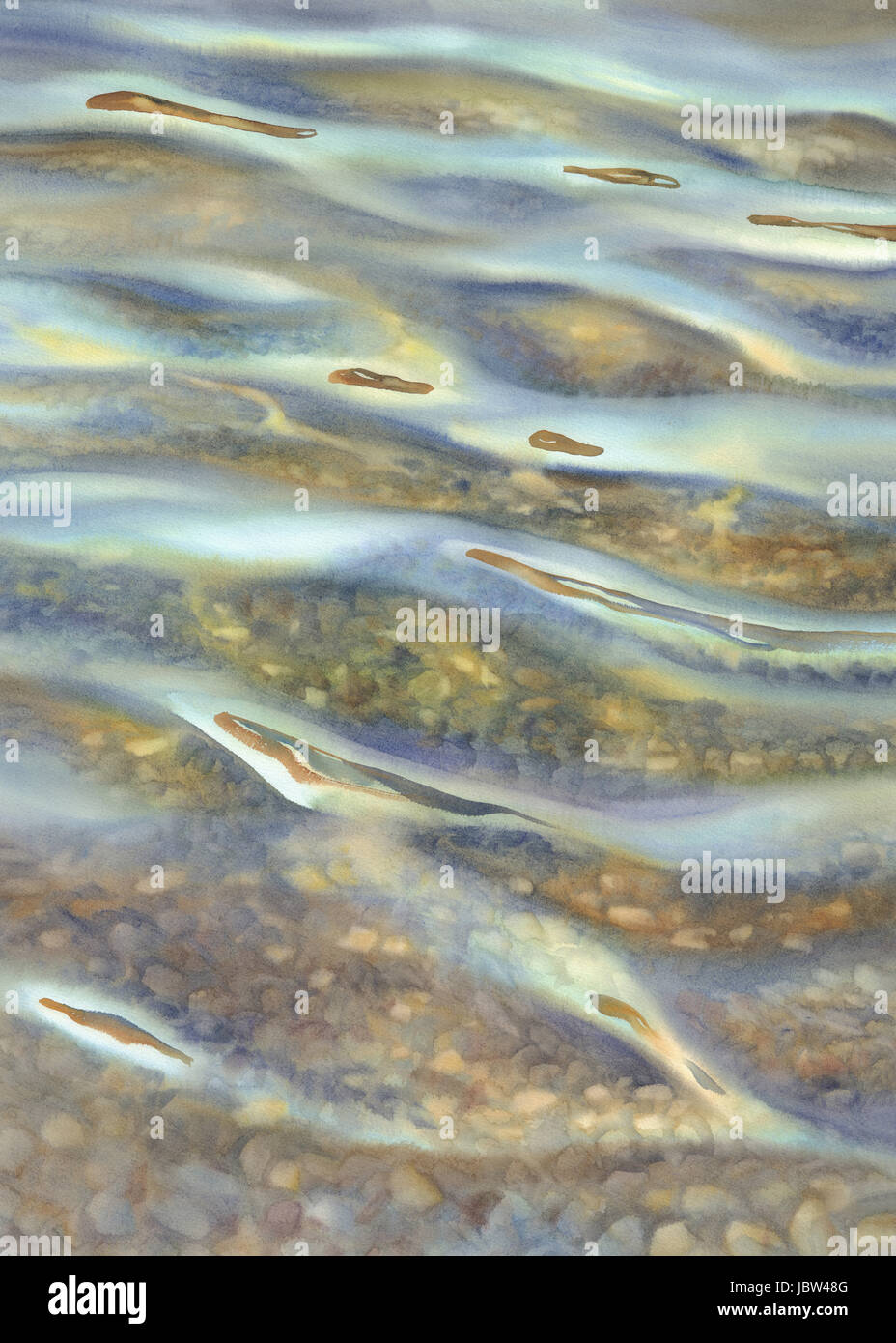 Sand und Steinen unter sonnigen Wasser Reflexionen Aquarell. Entspannung und Meditation-Stimmung Stockfoto