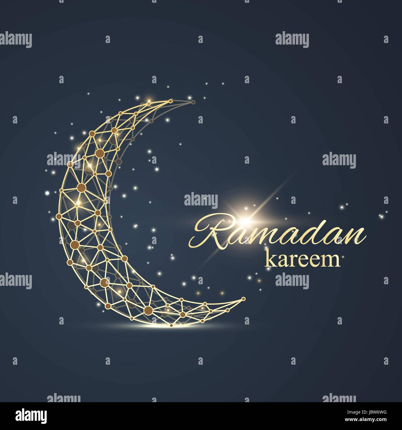 Ramadan Kareem Grüße Texthintergrund. Goldener Mond aus verbundenen Linie und Punkte gemacht. Schwarzer Hintergrund mit goldenen Mandala Dekoration. Eid Mubarak fest. Vektor-Illustration. Stock Vektor