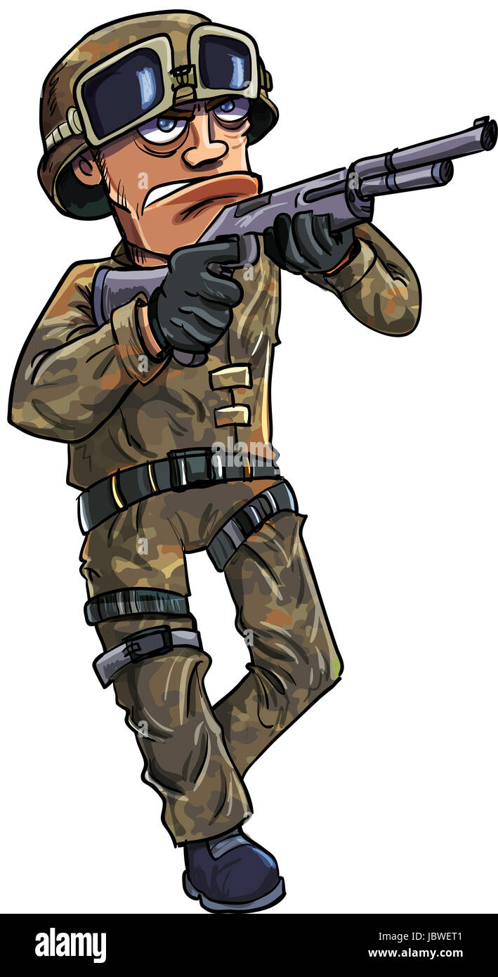 Cartoon-Soldat mit einer Schrotflinte. Isoliert Stockfoto