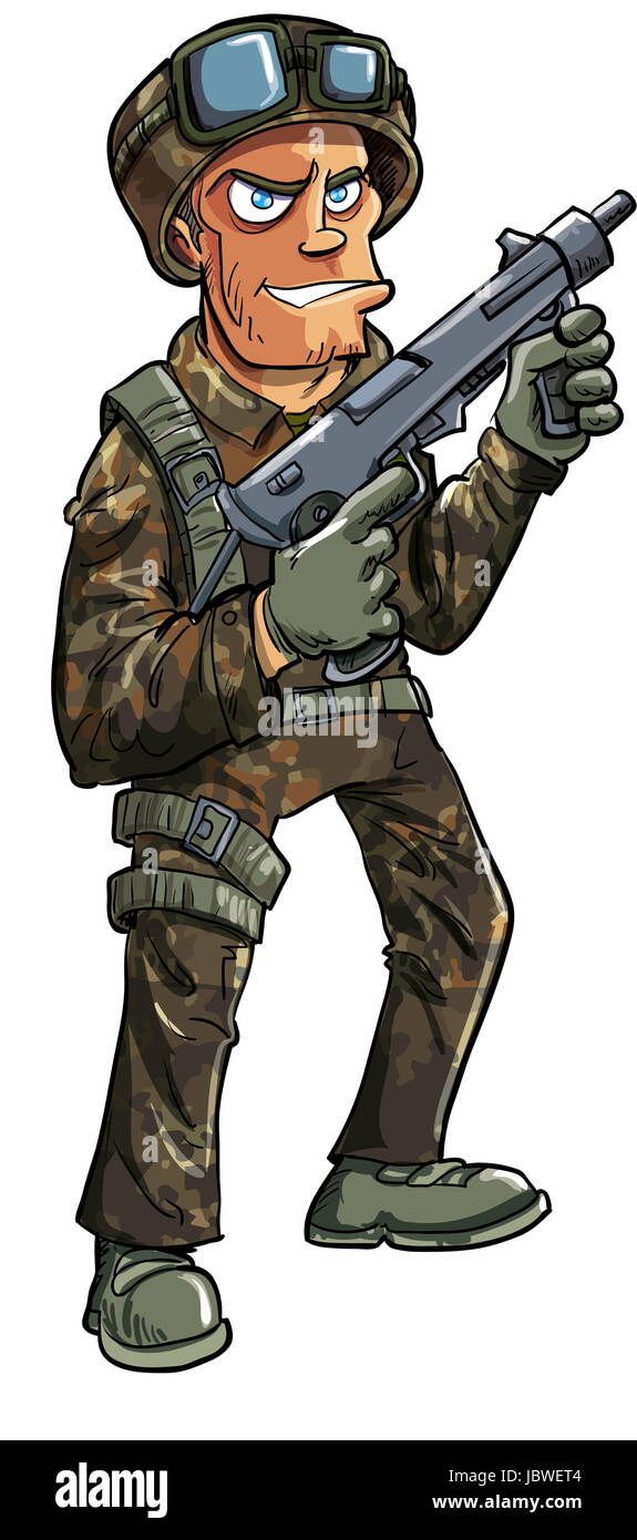 Cartoon-Soldat mit Maschinengewehr. Isoliert auf weiss Stockfoto