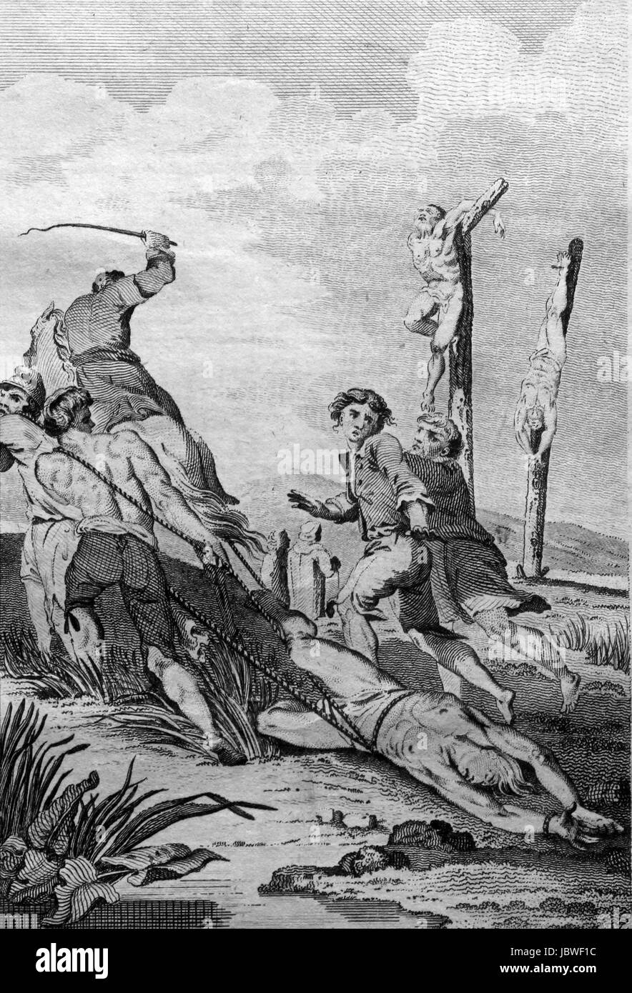 Protestanten durch Sümpfe geschleift und an Spannkluppen Haken gehängt oder an Stangen befestigt, bis sie starben. Blutige irischen Massaker 1642. Gravur von c 1780 Stockfoto