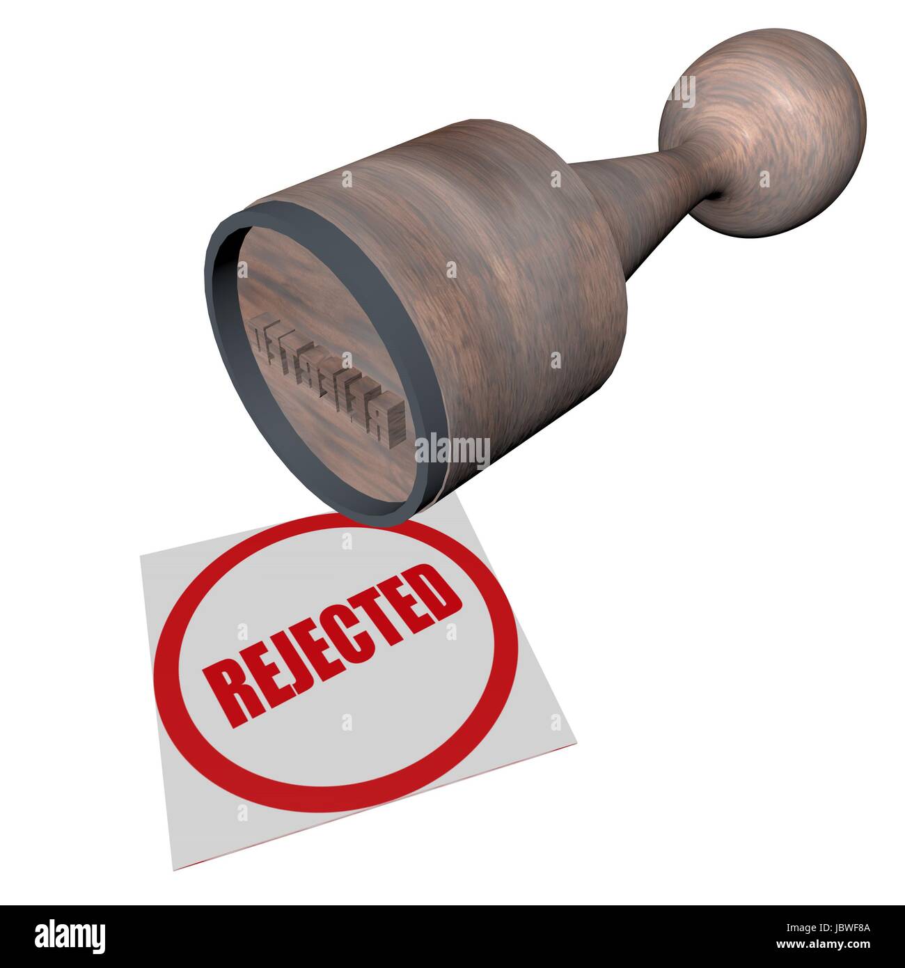 Wort "abgelehnt" durch einen hölzernen Stempel, 3d Render rot gestempelt Stockfoto