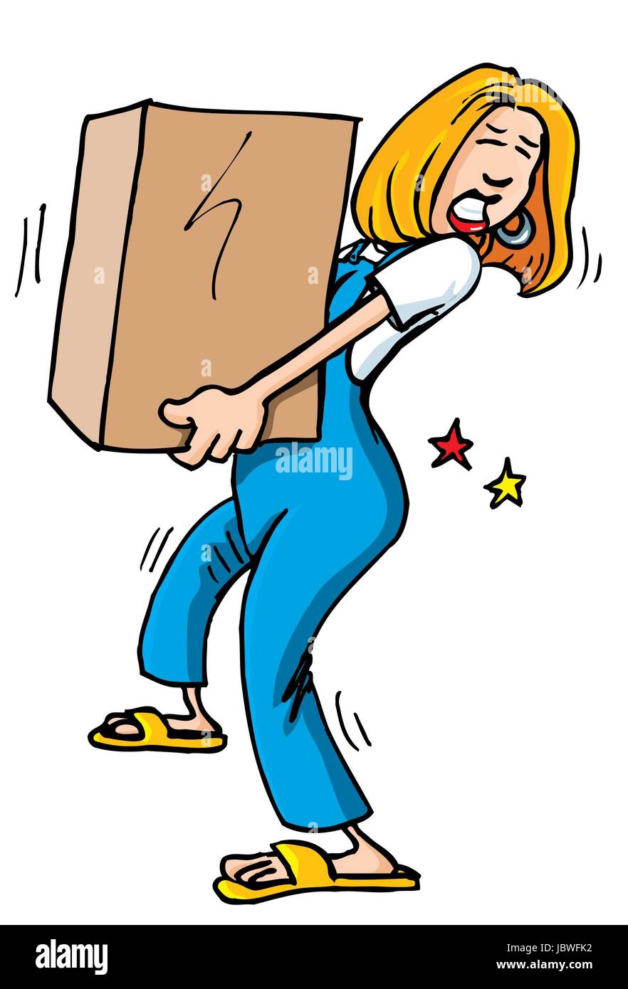 Karikatur von Frau eine schwere Kiste abholen. Es bewirkt, dass ihre Rückenschmerzen Stockfoto