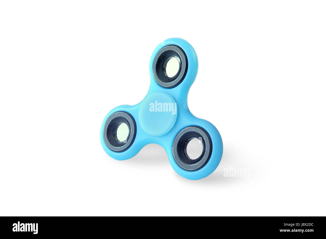 Blaue Fidget Spinner beliebtes Spielzeug auf weißem Hintergrund Stockfoto