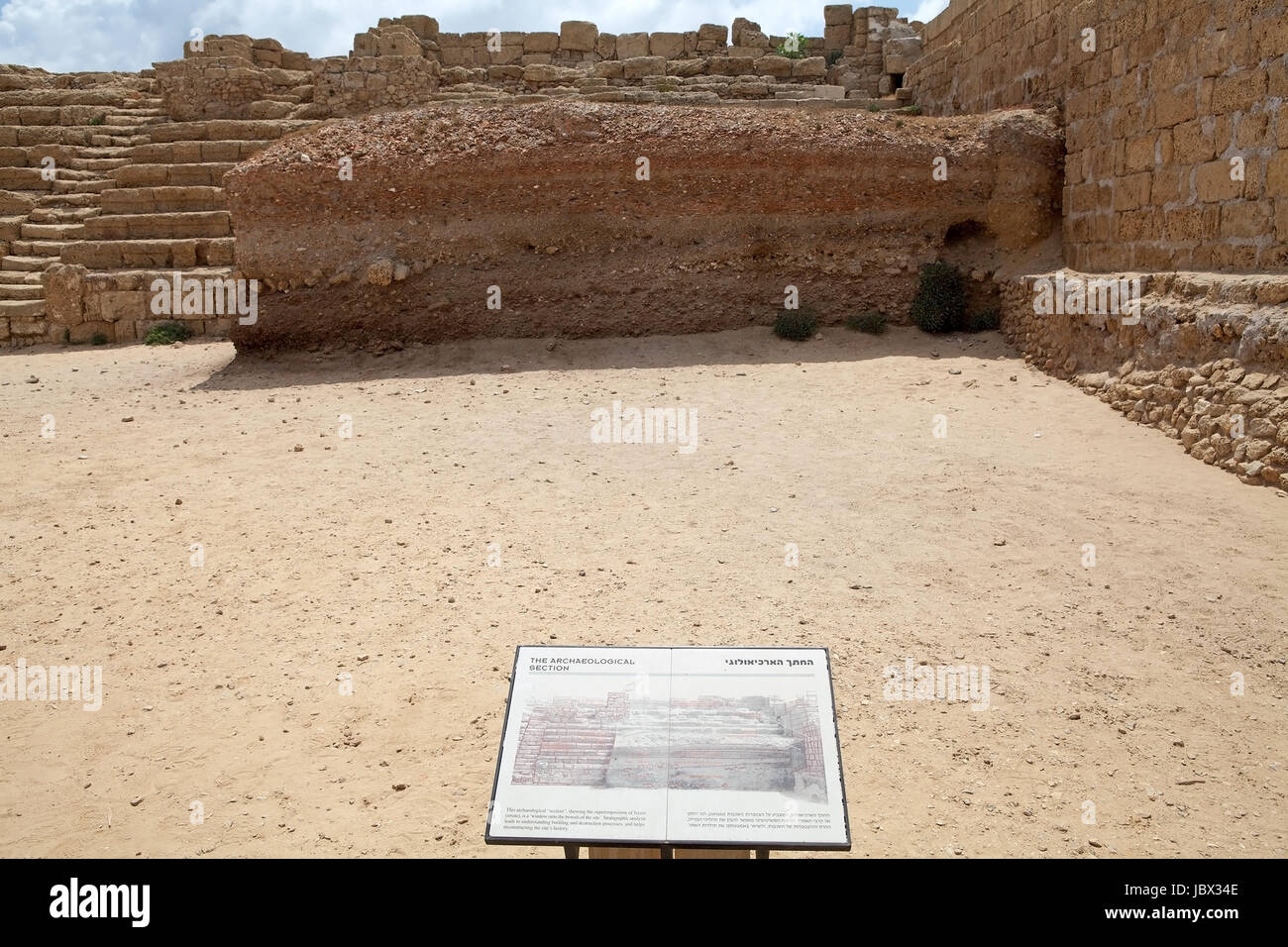 Caesarea, Israel, 14. Juni 2013: das Gremium, in englischer und hebräischer Sprache geschrieben, erklärt die archäologische Abteilung der Ruinen in Caesarea Nationalpark Stockfoto
