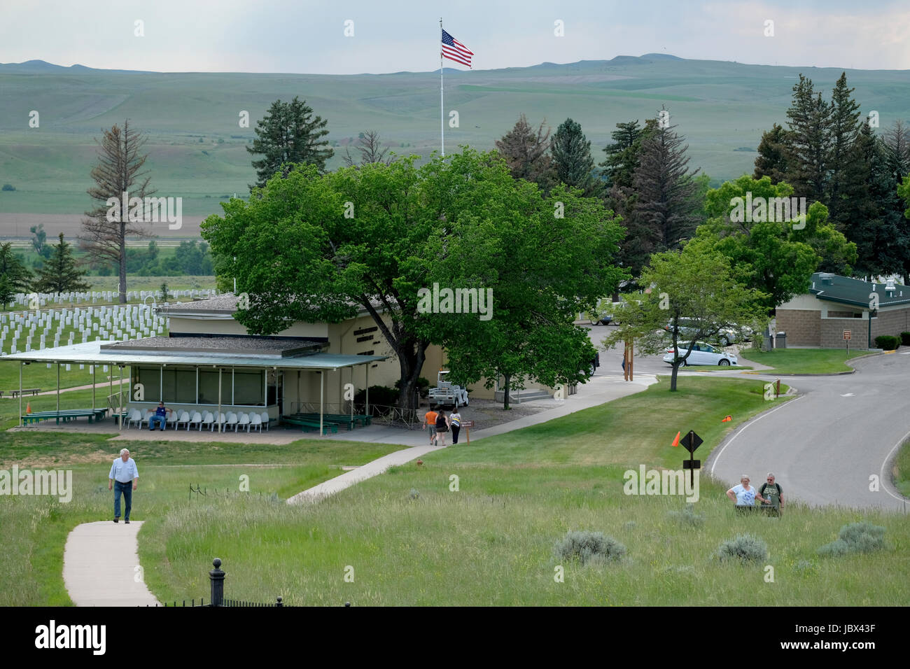 Ein Blick vom Last Stand Hill von Little Bighorn-Schlachtfeld-Besucherzentrum, Crow Agency, Montana, USA Stockfoto