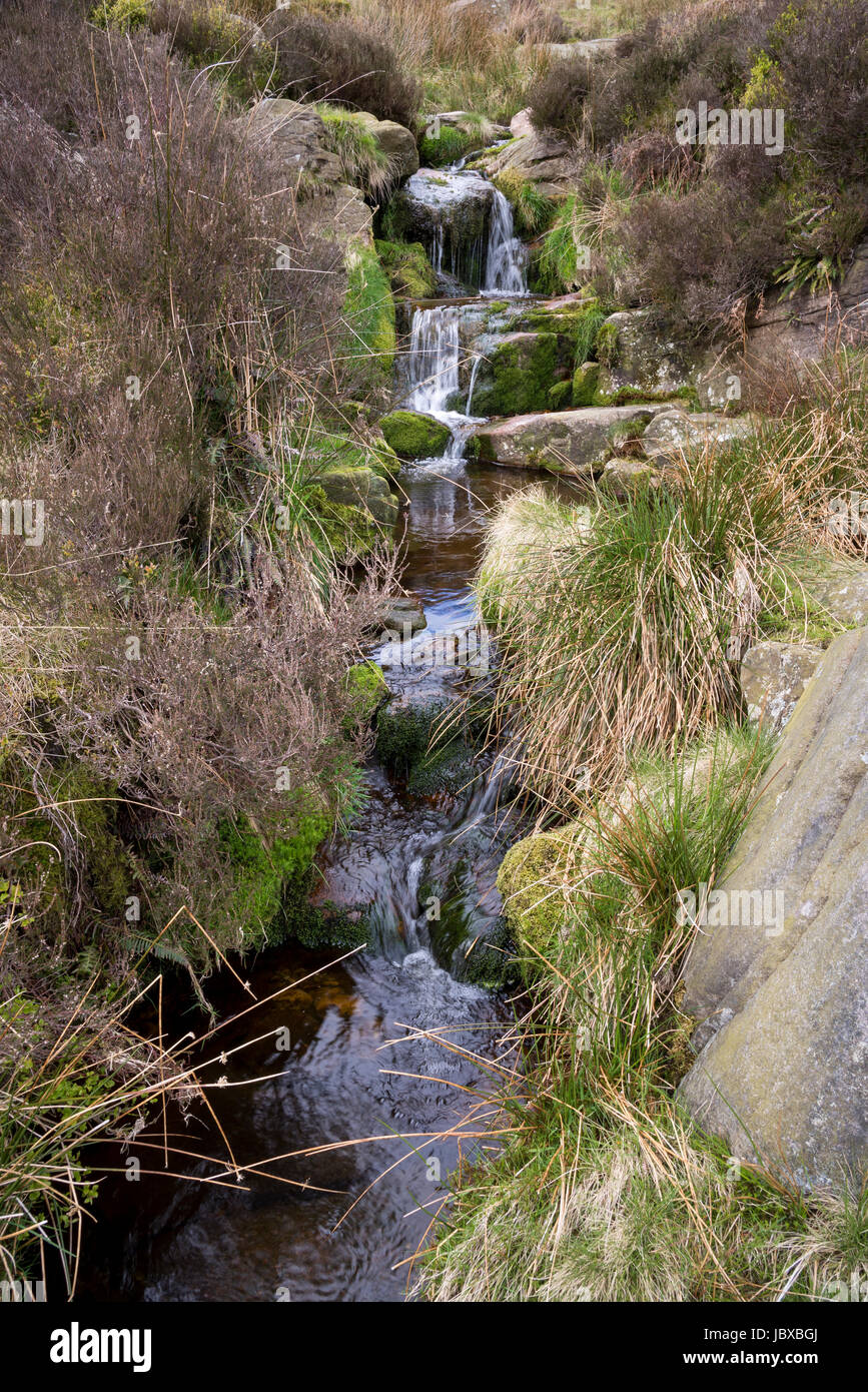 Felsige Heidelandschaft Streams in den Walliser Bergen von Nordengland. Stockfoto