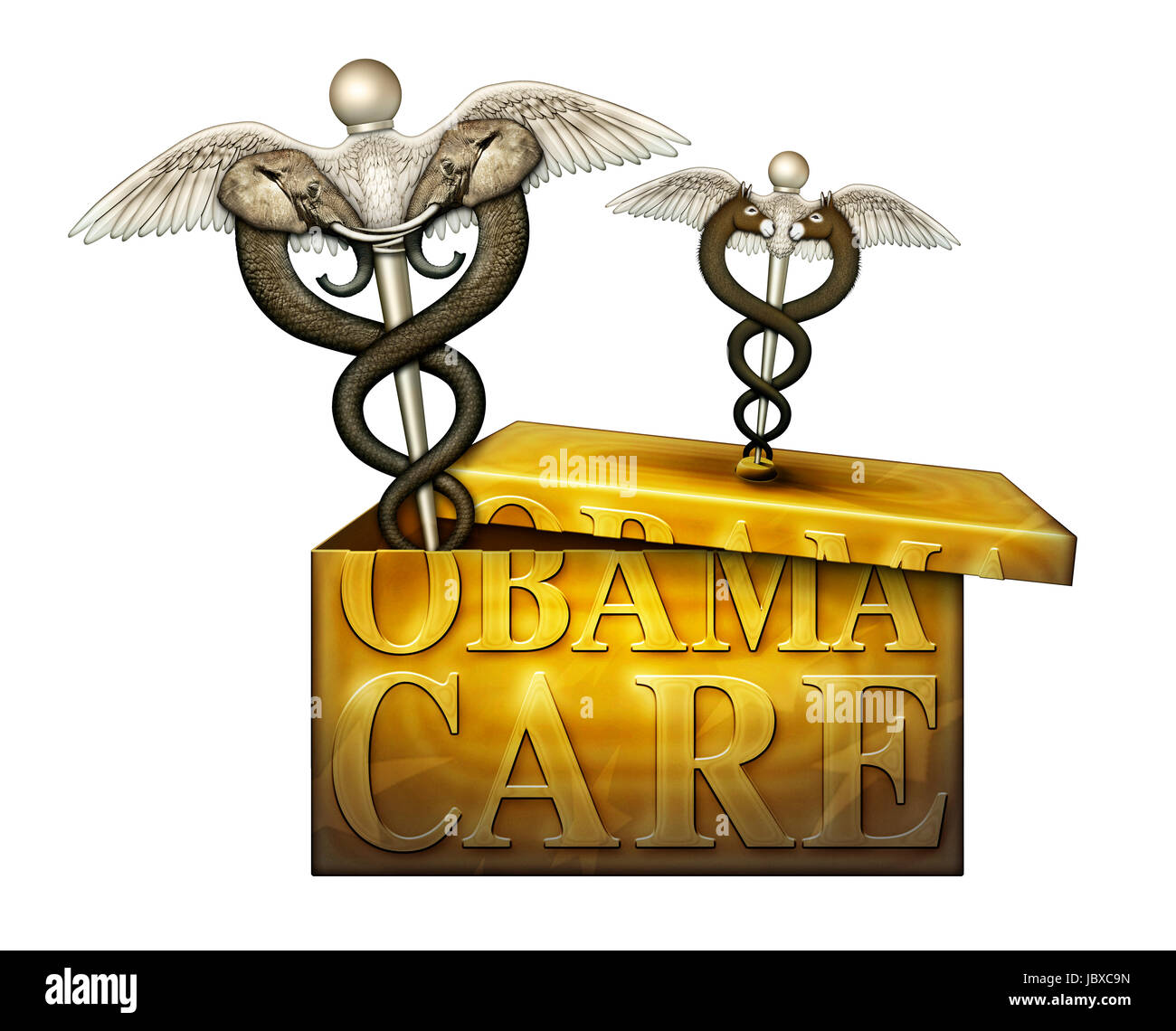 Eine goldene Schachtel mit der Aufschrift Obamacare mit einem Caduceus, ein Symbol der Medizin auf dem Deckel. Es handelt sich um Demokraten. Ein weiteres Symbol für Republikaner hat Stockfoto