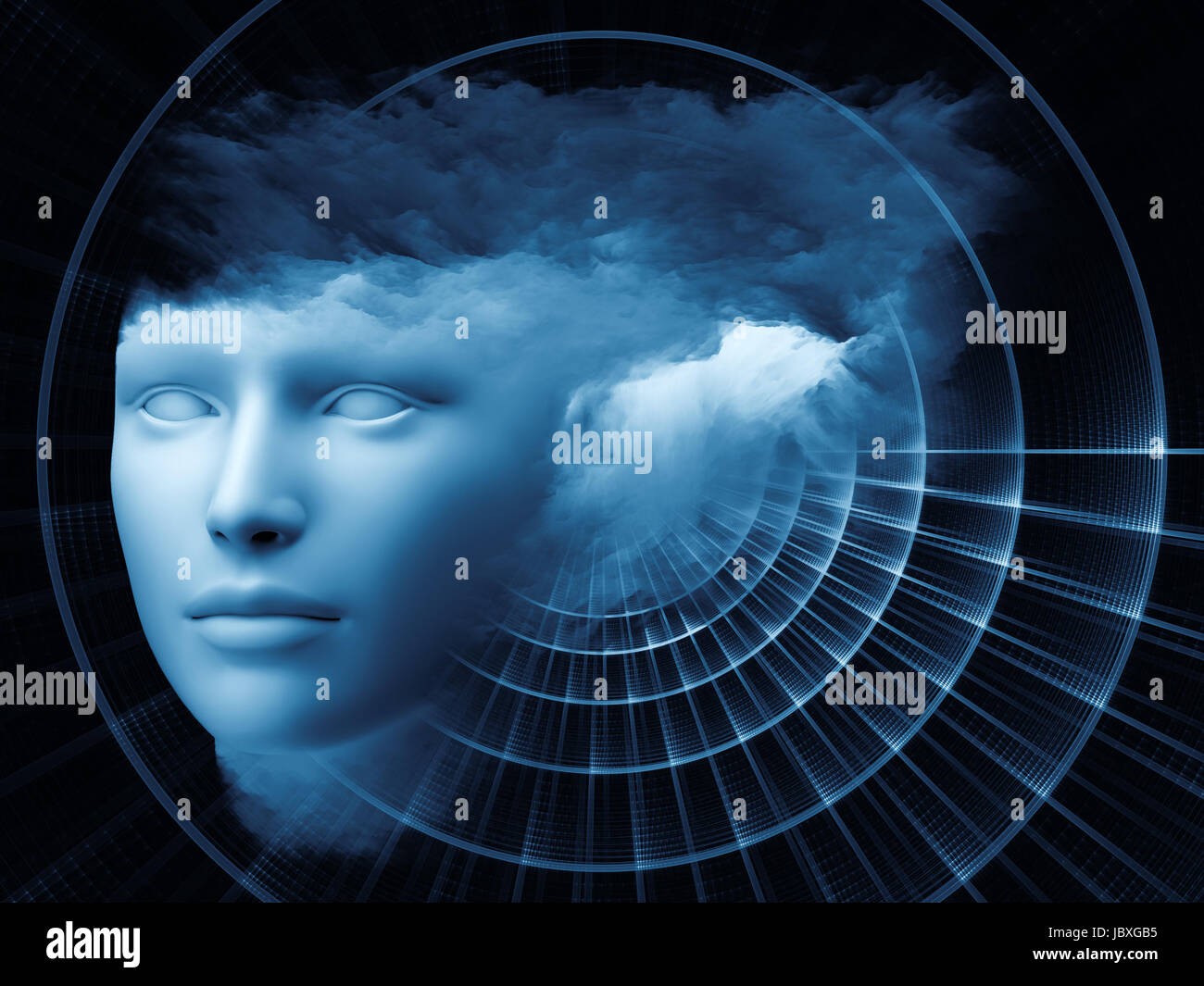 Fraktal-Mind-Serie. Kreative Anordnung des menschlichen Kopfes und Fraktale Wolken als kostenlose Grafik für Apropos träumen, denken, Bewusstsein, Geist und Phantasie zu handeln Stockfoto