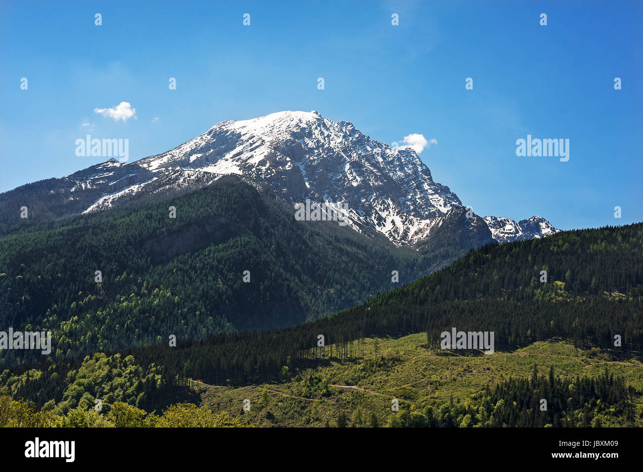 Blick auf den Watzmann, Ramsau, Berchtesgadener Land, Oberbayern, Deutschland Stockfoto