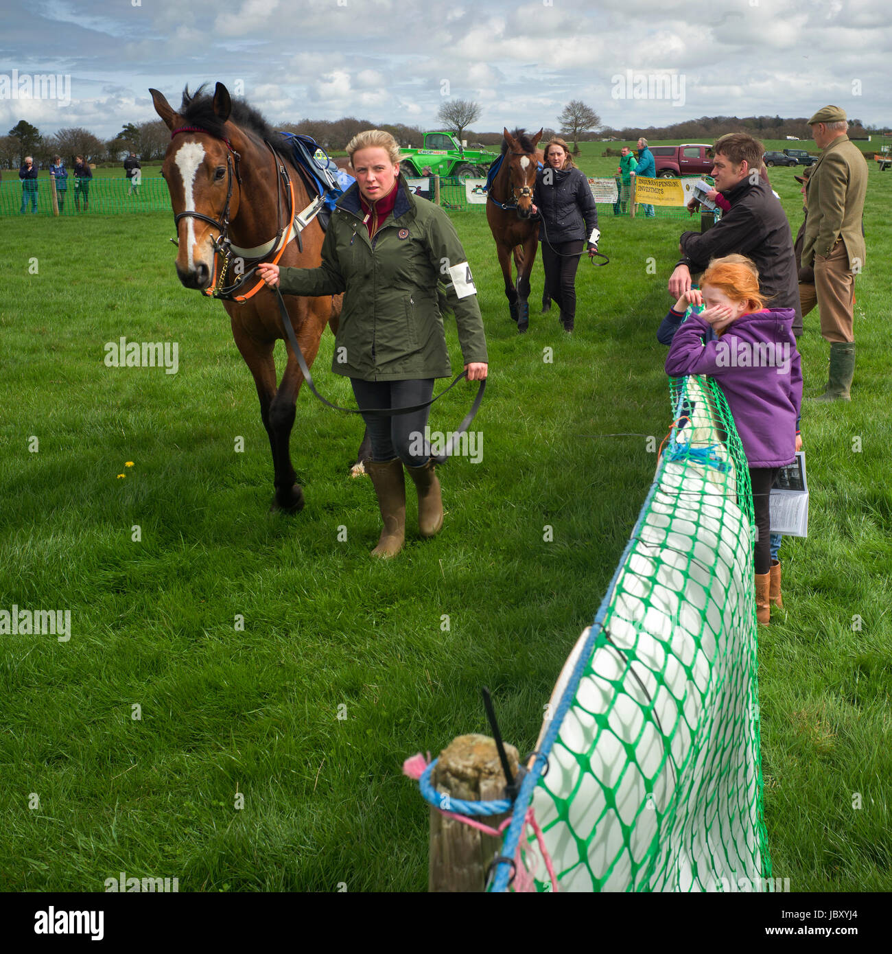 Trainer-Besitzer und Beamten bei Eggesford Jagd Punkt zu Punkt, die Fahrer sind Anker und die Pferde zu qualifizieren, wenn sie Jagd verwendet wurden Stockfoto