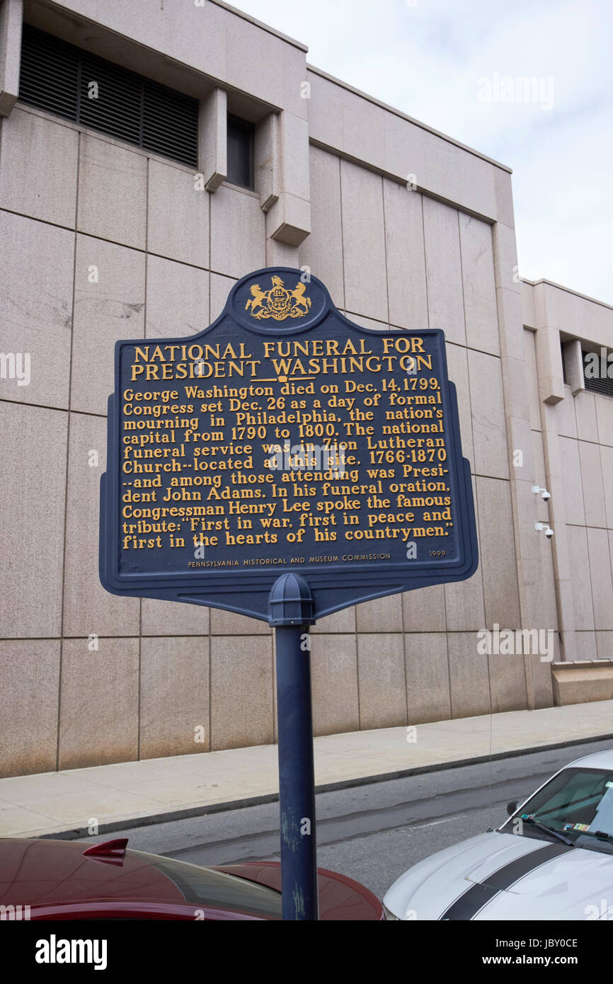 ehemaligen Gelände der Zion lutheran Kirche nationalen Bestattungen Präsident Washington Plaque Philadelphia USA Stockfoto