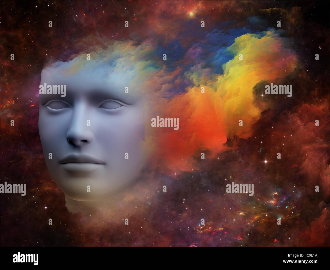 Bunte Mind-Serie. Hintergrund des menschlichen Kopfes und Fraktale Farben zum Thema träumen, denken, Bewusstsein, Geist und Phantasie Stockfoto