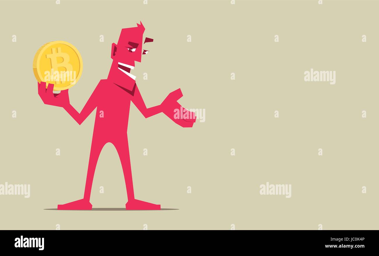 Cartoon Mann stehend, lächelnd und hält einen großen Bitcoin. Stock Vektor