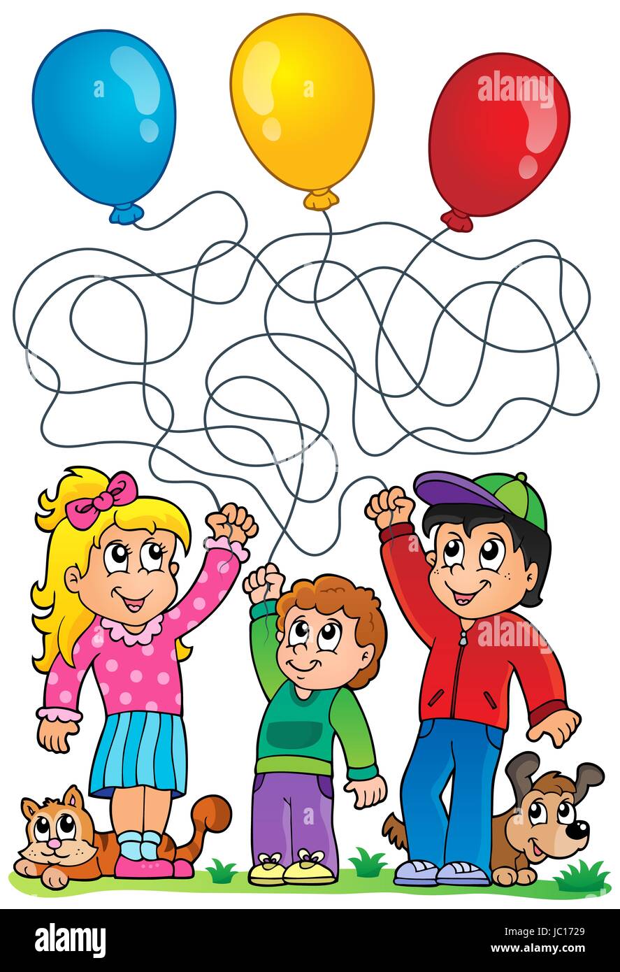 8 Labyrinth mit Kinder und Luftballons - Bild-Darstellung. Stockfoto