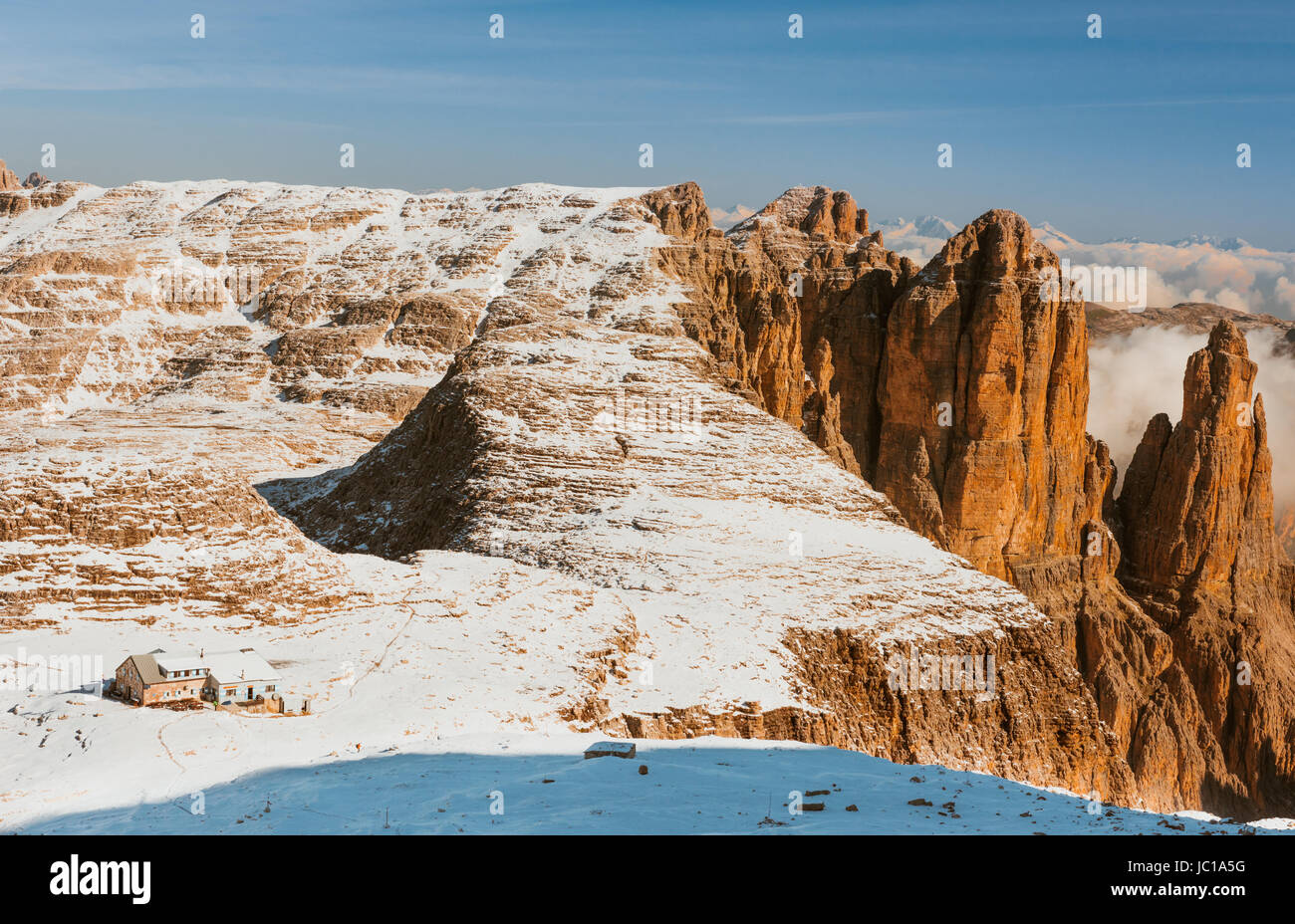 Blick auf Berge Sella Ronda Dolomiten Italien Stockfoto