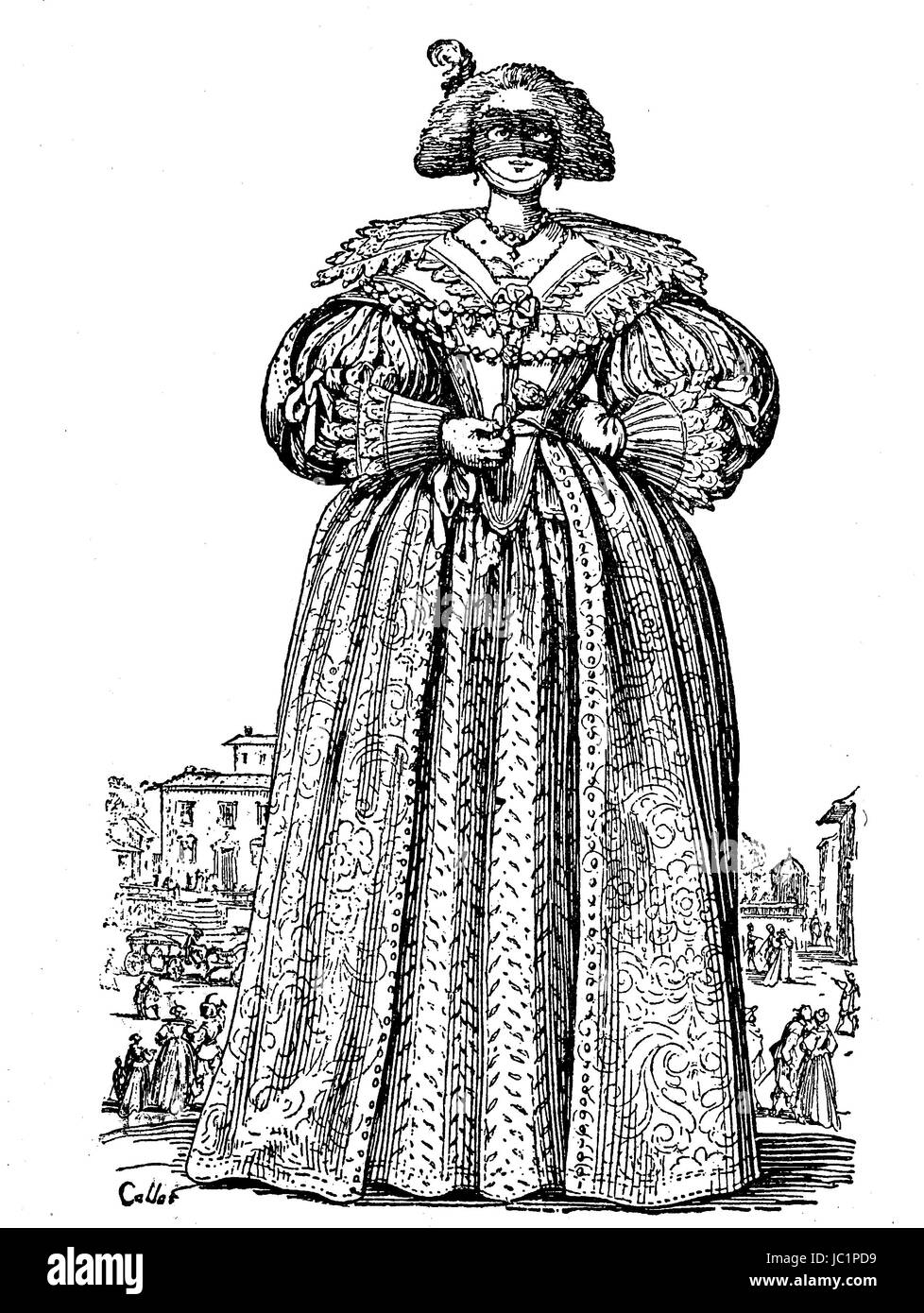 Mode-Bild eines maskierten Dame aus dem 17. Jahrhundert, digital verbesserte Wiedergabe aus einer Publikation des Jahres 1880 Stockfoto