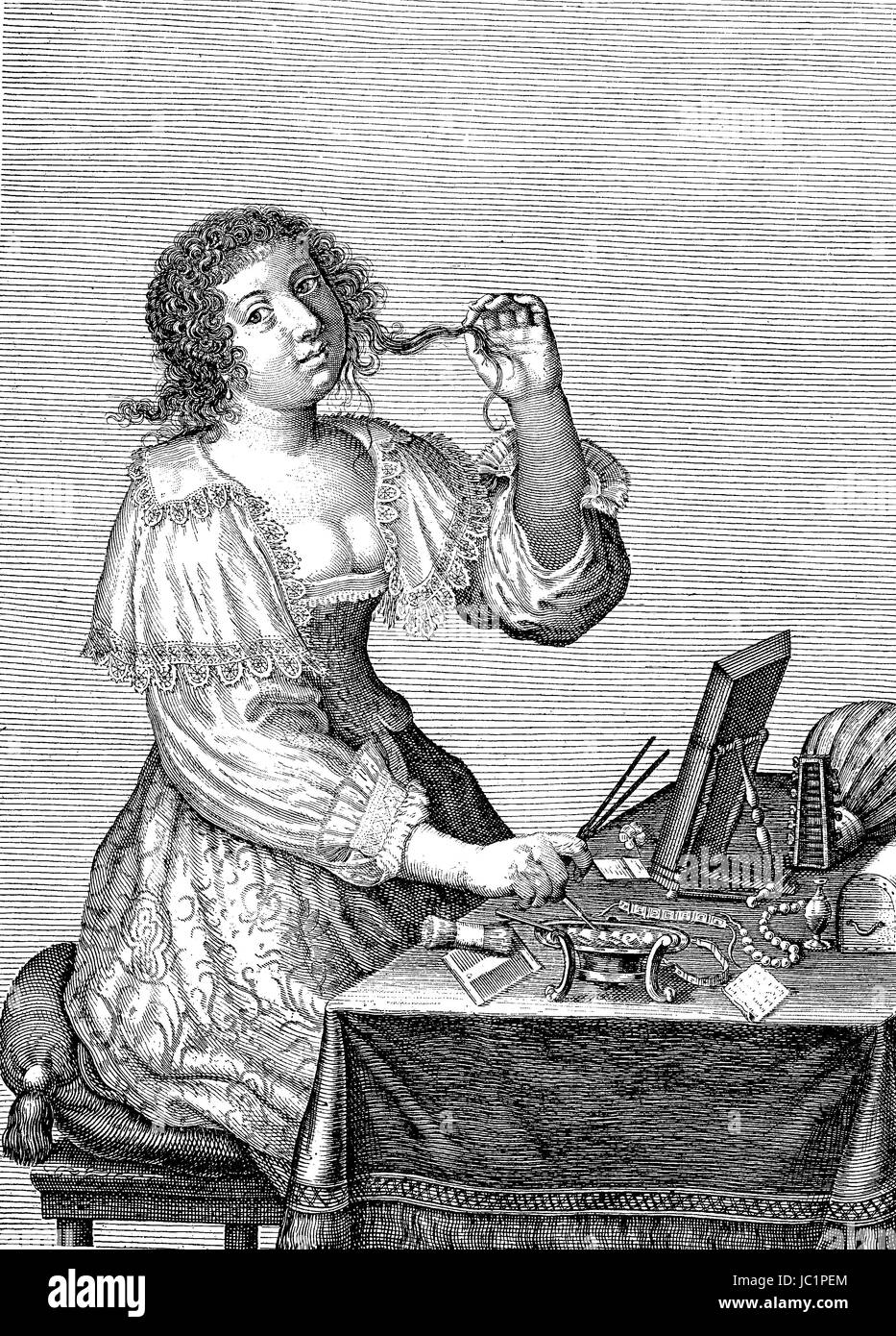 Toilette von einer Dame, französischer Kupferstich von Le Blond, 17. Jahrhundert, digital verbesserte Wiedergabe aus einer Publikation des Jahres 1880 Stockfoto
