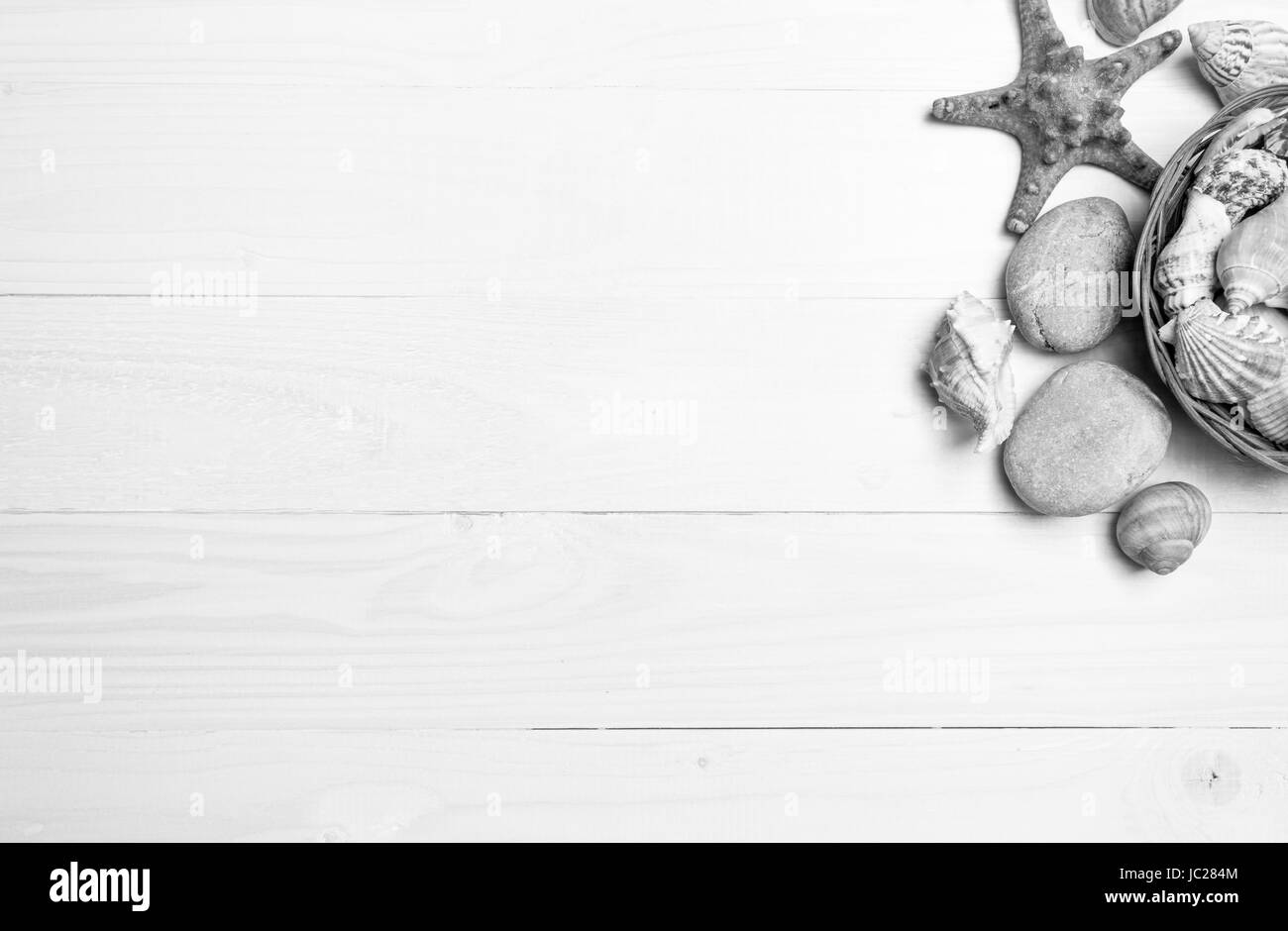 Schwarz / weiß-Hintergrund mit Muscheln und Seesternen auf weißem Holz Schreibtisch liegen Stockfoto
