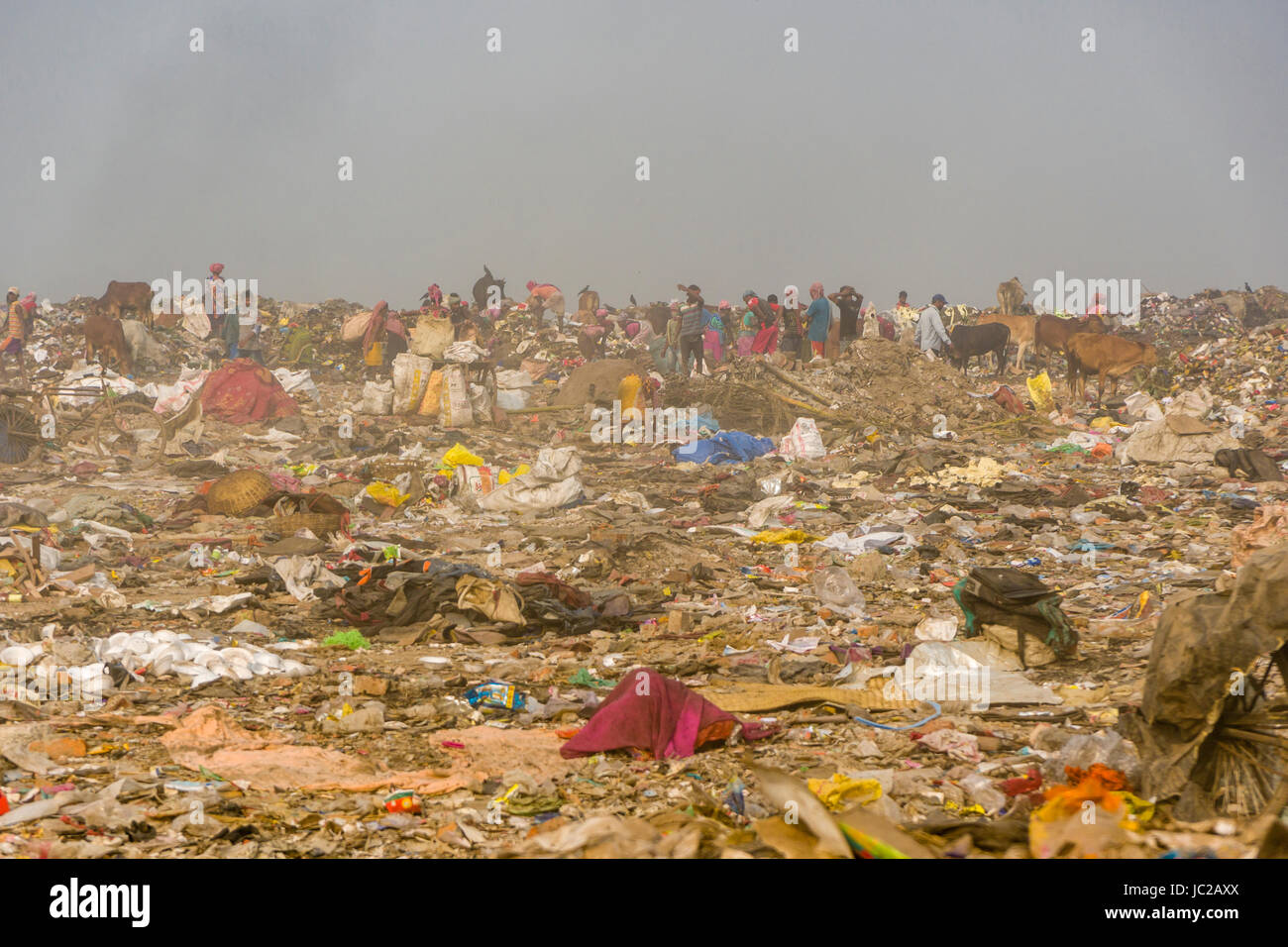 Arbeitnehmer sind das Sammeln von wiederverwertbaren Materialien auf staubigen dhapa Müllhalde Stockfoto