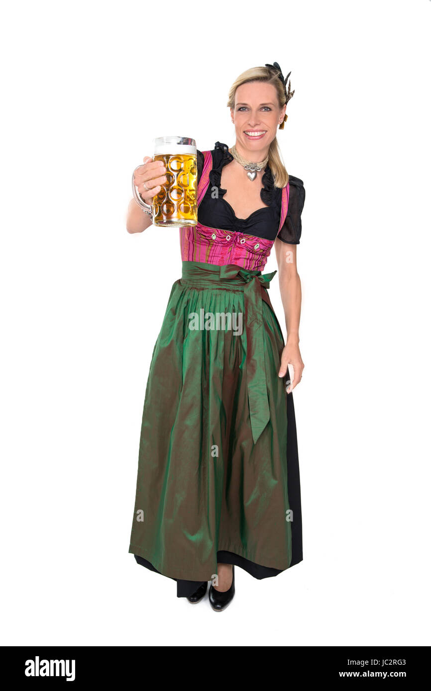 Frau im Dirndl mit Bier Stockfoto