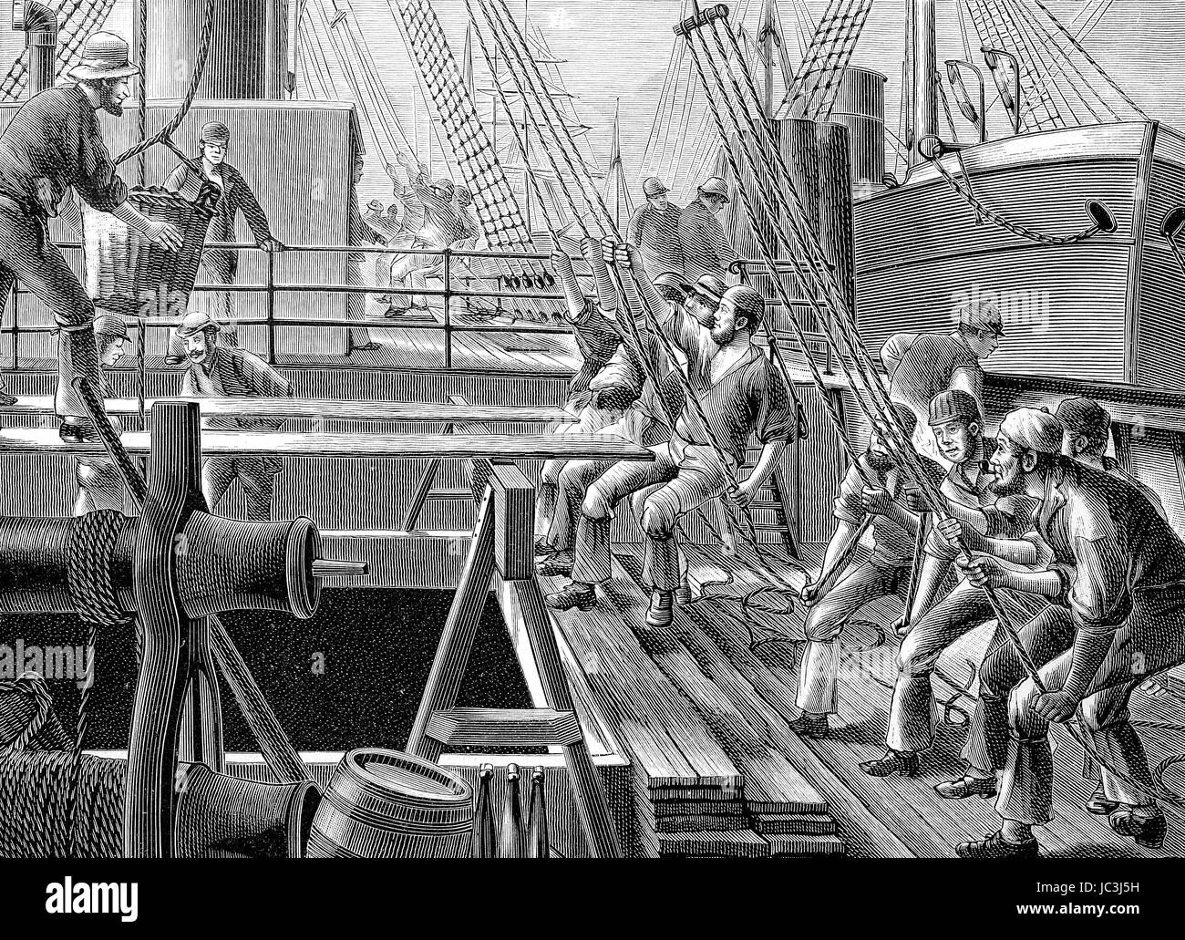 Transport von Kohle, das Laden von Kohle auf die Kohle Schiffe im Hamburger Hafen, digital verbesserte Wiedergabe aus einer Publikation des Jahres 1880 Stockfoto