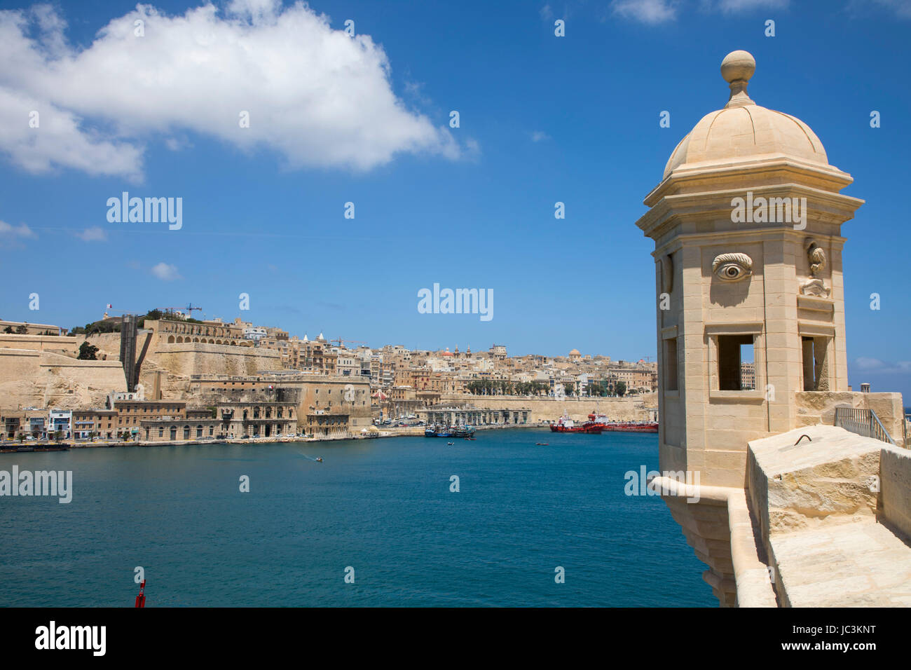 Malta, Grand Harbour, Vedette, Aussichtspunkt, an den Wänden der Senglea, Anzeigen von Valetta, Stockfoto