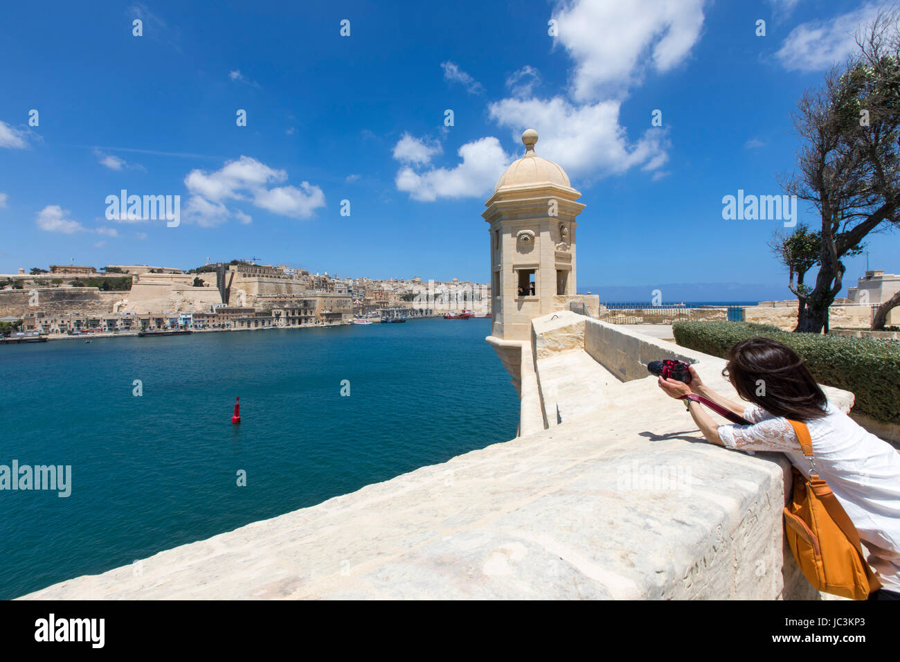 Malta, Grand Harbour, Vedette, Aussichtspunkt, an den Wänden der Senglea, Anzeigen von Valetta, Stockfoto