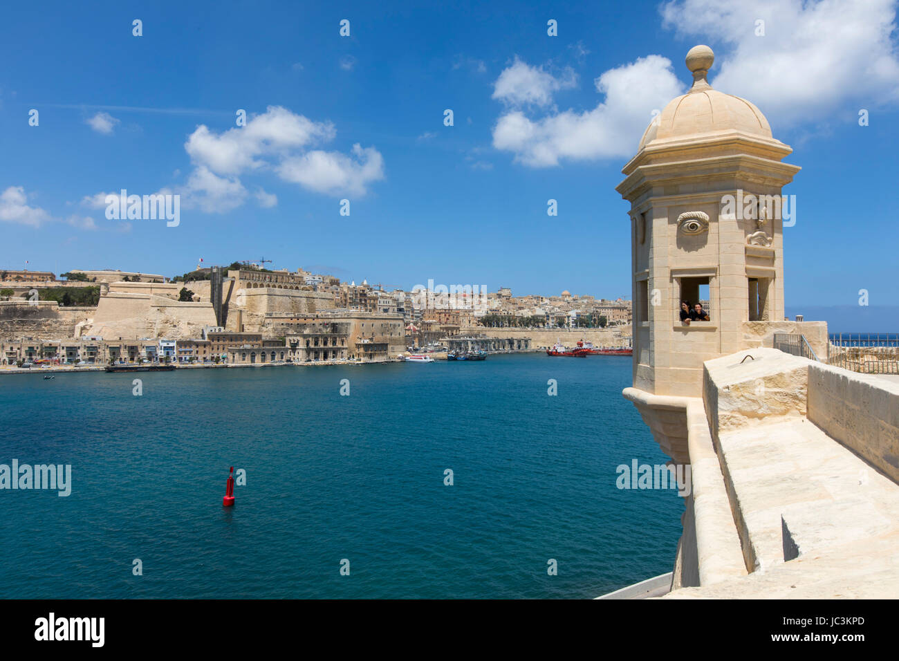 Malta, Grand Harbour, Vedette, Aussichtspunkt, an den Wänden der Senglea, Anzeigen von Valetta, Stockfoto