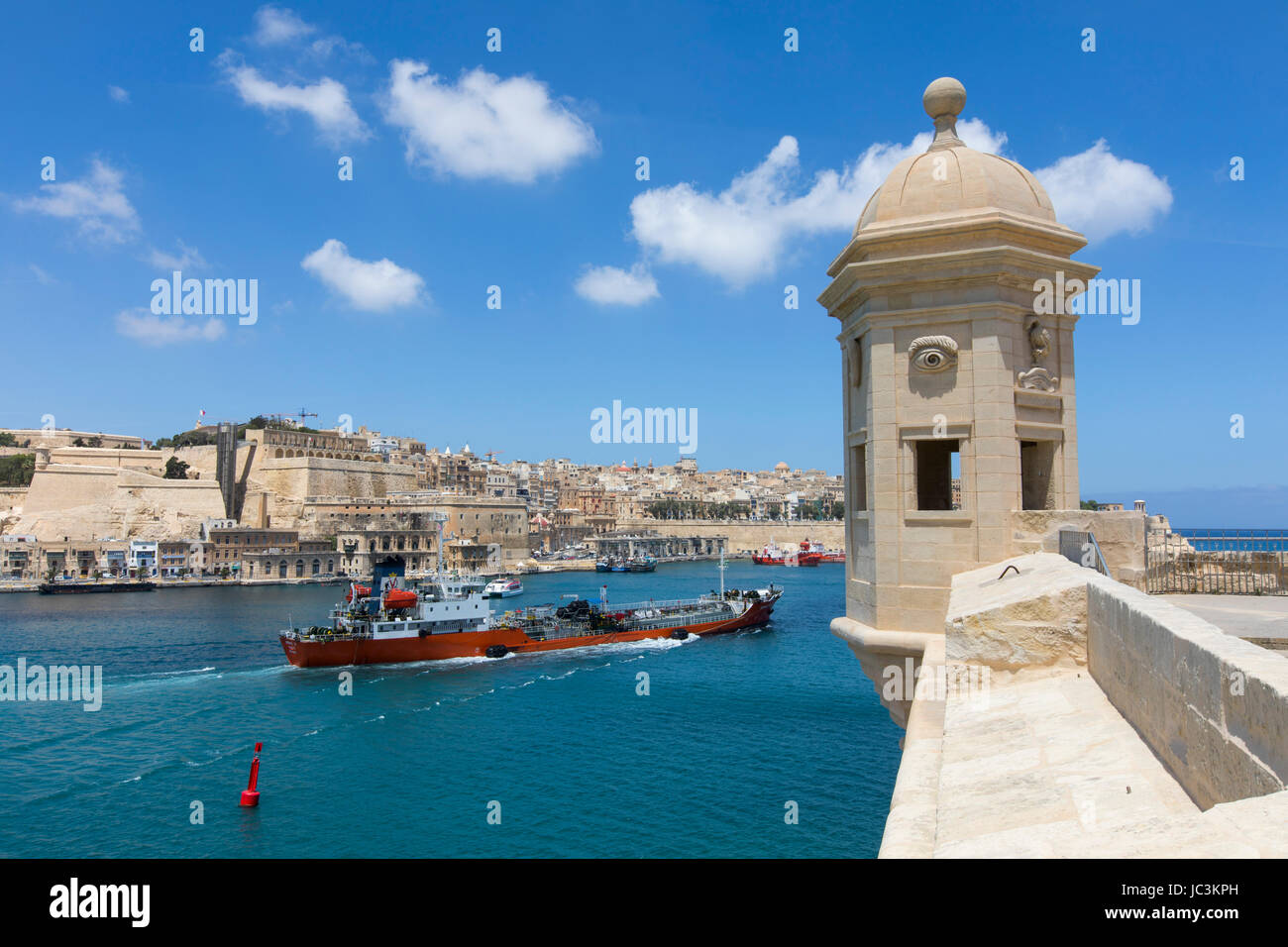 Malta, Grand Harbour, Vedette, Aussichtspunkt, an den Wänden der Senglea, Anzeigen von Valetta, Stockfoto