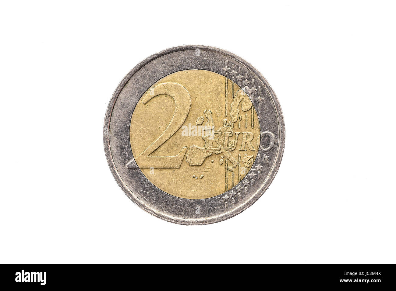Altes verwendet und 2-Euro-Münze abgenutzt. Münze der europäischen Währung für 2 Euro, isoliert auf weiss. Bild in hoher Auflösung. Stockfoto