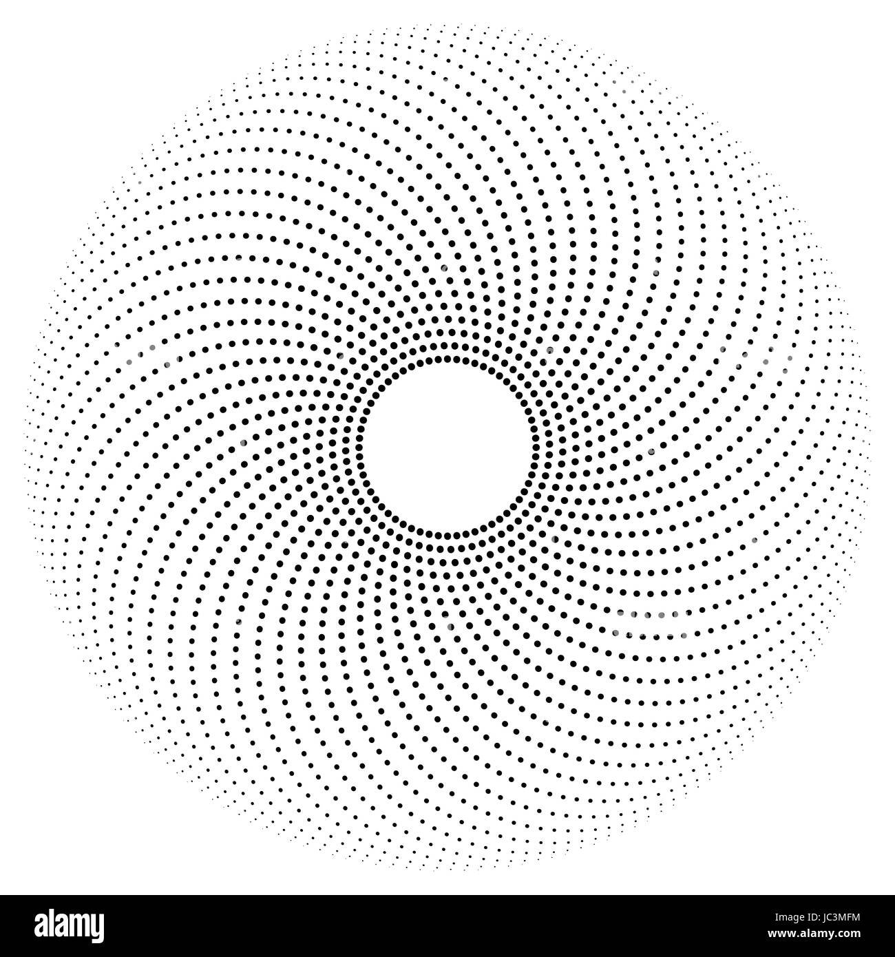 Schwarze Punkte auf die Hälfte Kreis Wege bilden ein Muster. Kreis mit Punkten in verschiedenen Größen mit einem Loch in der Mitte. Stockfoto