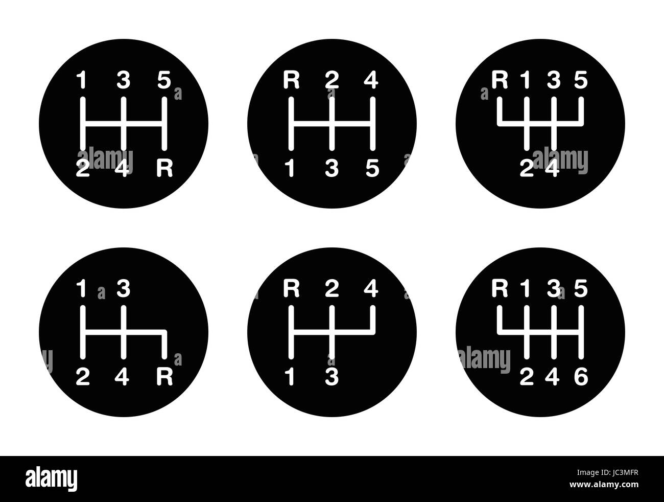 Sechs verschiedene Getriebe Schalthebel Muster. Positionen für den Schalthebel auch Schaltung oder Schalthebel genannt. Fünf-Gang und 6-Gang-Muster auf einen Knopf. Stockfoto