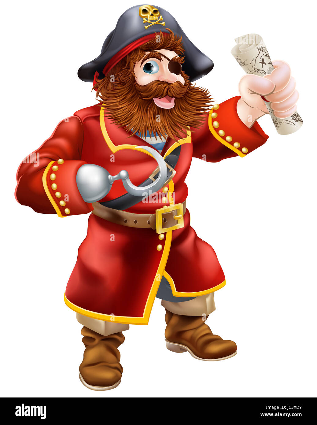 Ein Cartoon Pirat mit Augenklappe und Haken halten einen Schatz Karte ...