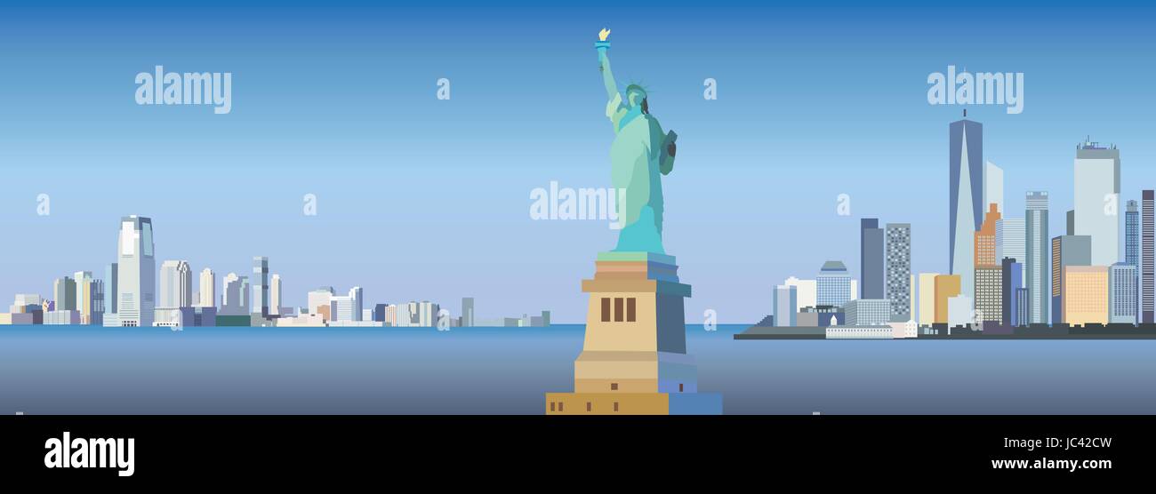 Silhouetten der Wolkenkratzer von New York City und New Yorker Freiheitsstatue bunten Vektor Panorama in verschiedenen Farben Stock Vektor