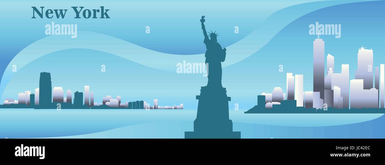 Silhouetten der Wolkenkratzer von New York City und New Yorker Freiheitsstatue bunten Vektor Panorama in blauer Farbe Stock Vektor