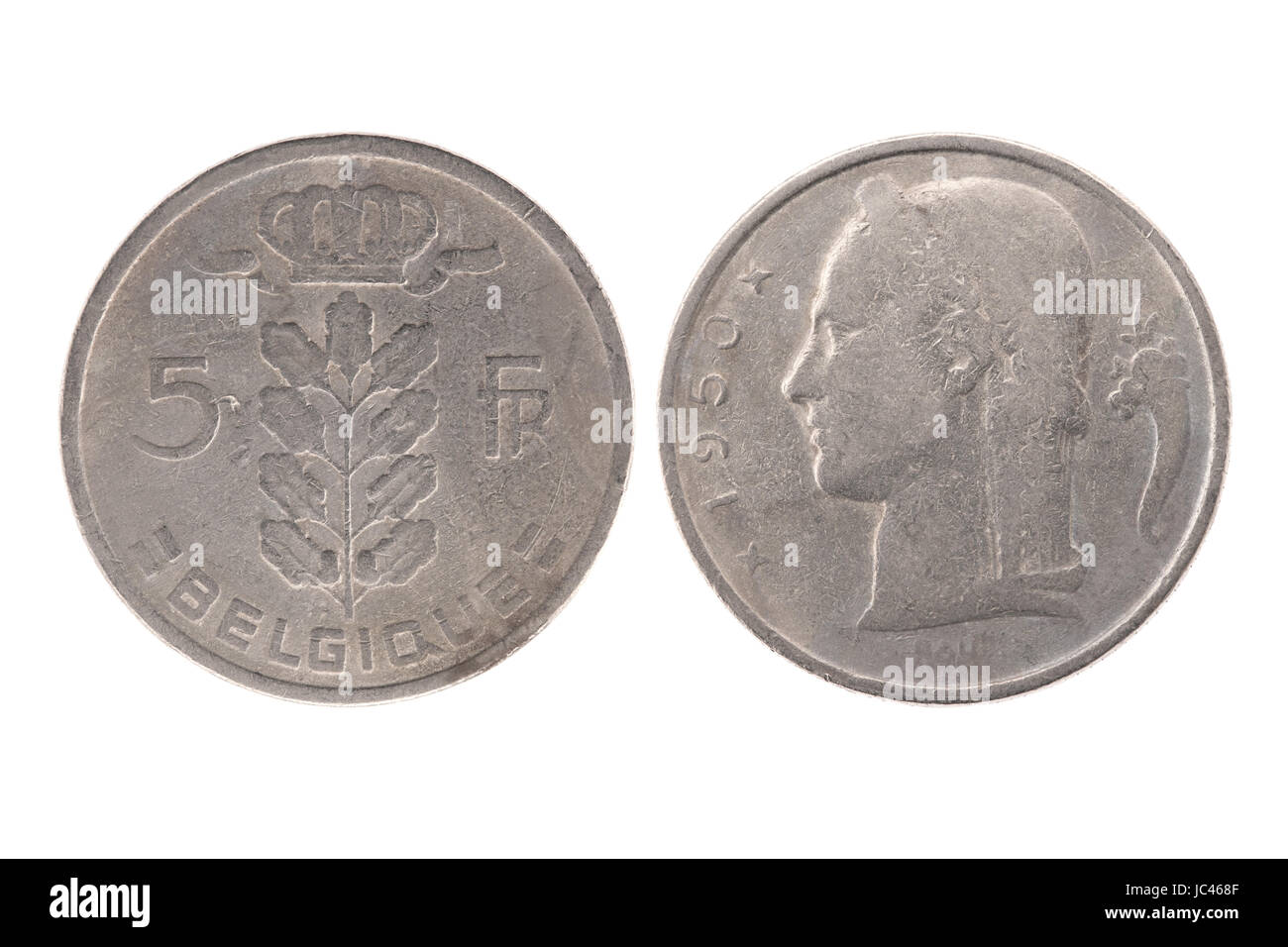 1950-Belgien (BELGIQUE)-5-Franc-Münze isoliert auf weißem Hintergrund Stockfoto
