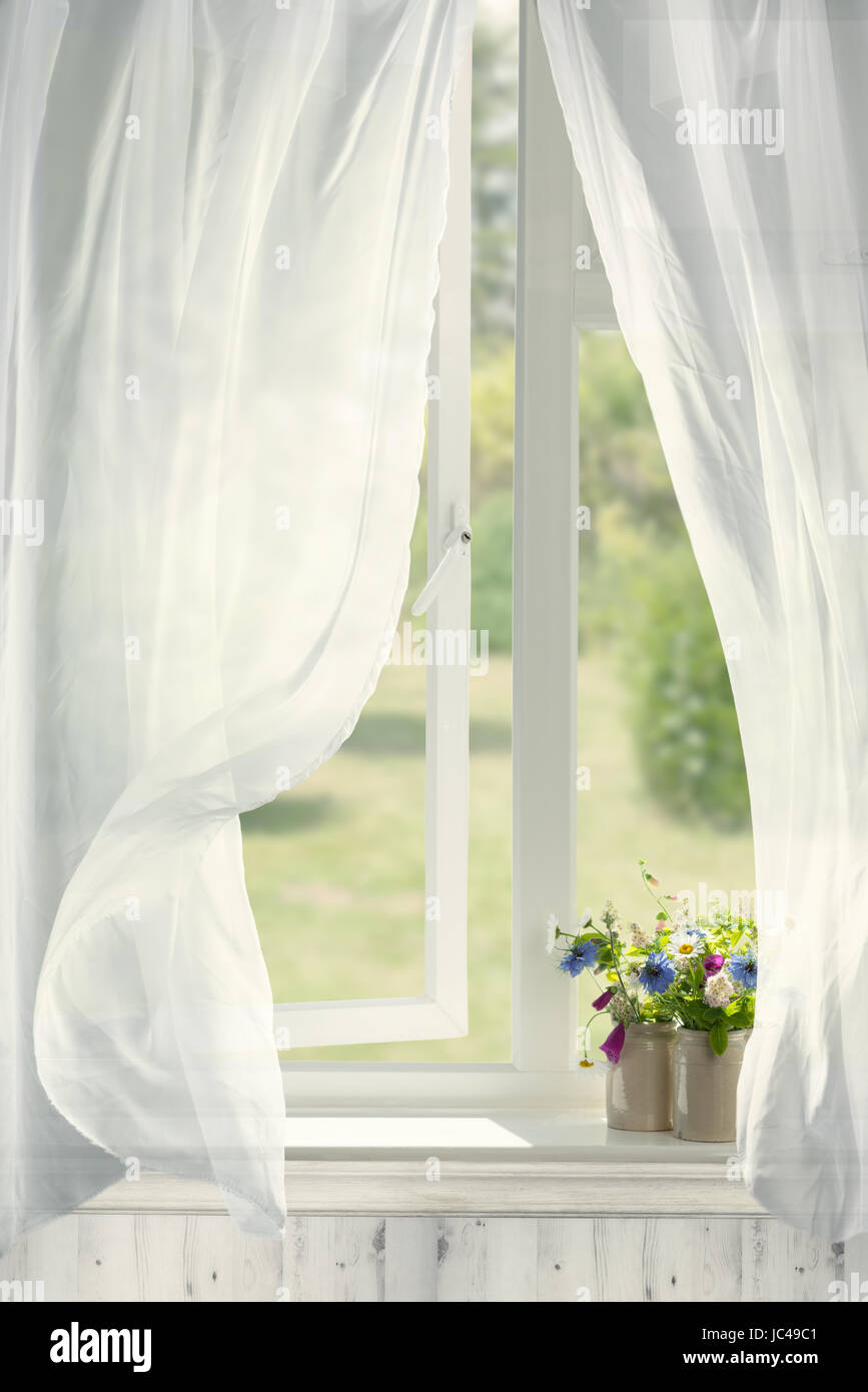 Töpfe mit Blumen im Land Ferienhaus Fenster mit wogenden Vorhängen Stockfoto