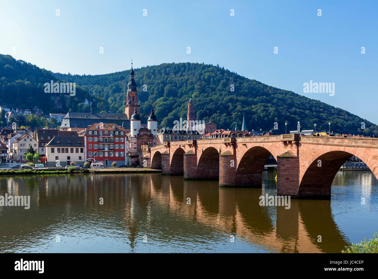 Der Fluss Necke, die Altstadt und die alte Brücke, Heidelberg, Baden-Württemberg, Deutschland Stockfoto