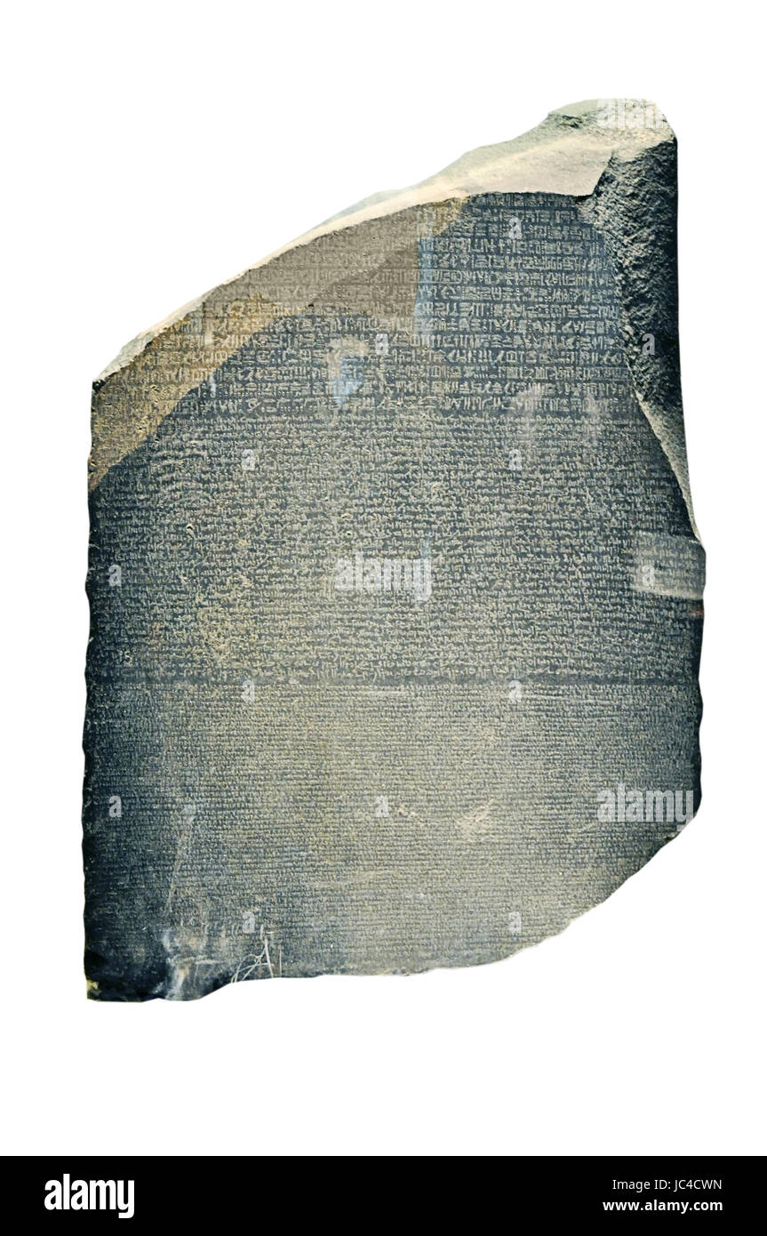 Der Stein von Rosetta – Inschrift in verschiedenen Sprachen, die zur Entschlüsselung der antiken Hieroglyphen von Egiptian beitrug. Aufgenommen im British Museum Stockfoto