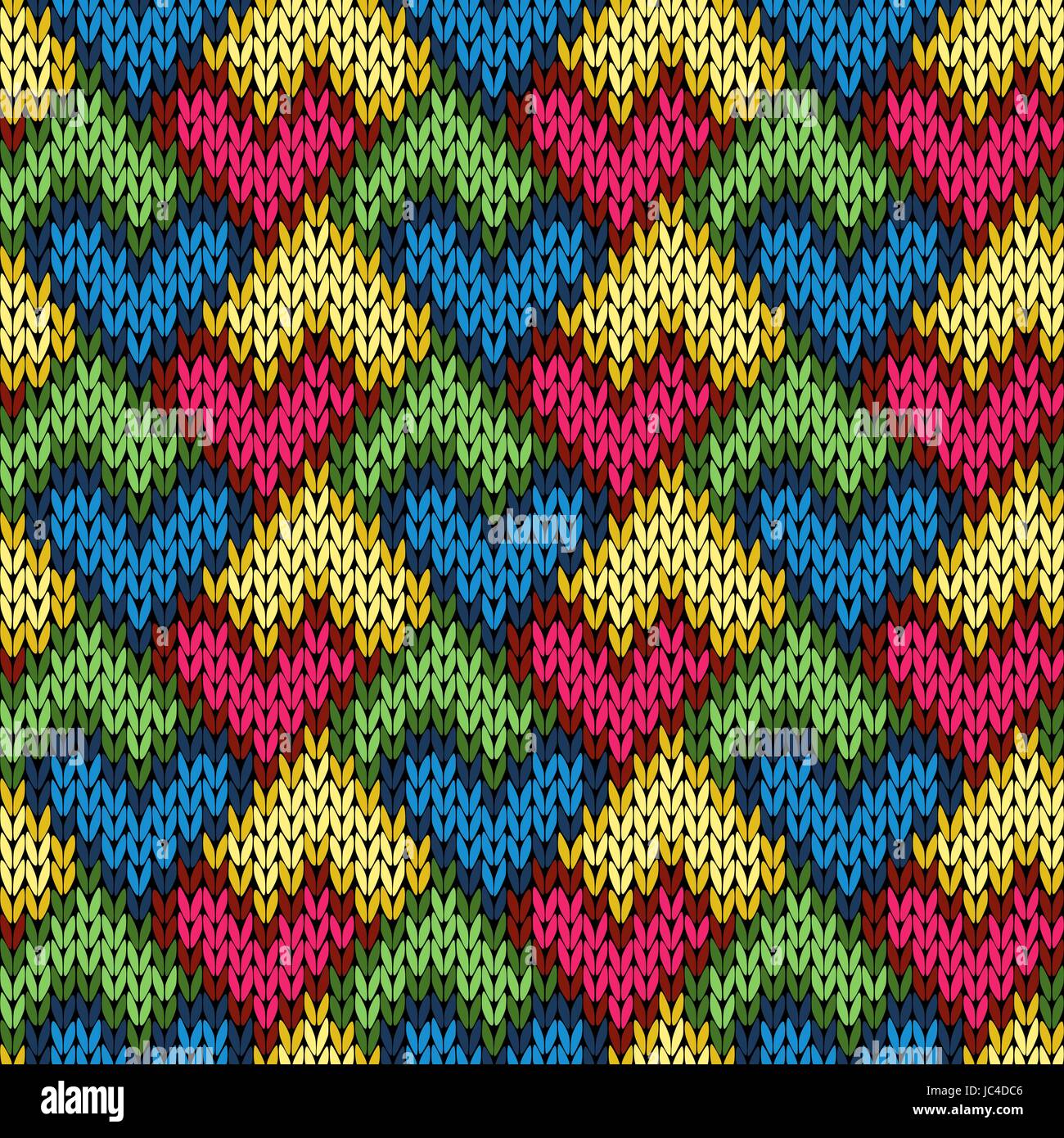 Nahtlose stricken bunt Vektormuster als Stoff Textur mit stilisierten Herzen in orange, blau, gelb, rot, rosa und grüne Farben Stock Vektor Nahtlose stricken bunt Vektormuster als Stoff Textur mit stilisierten Herzen in orange, blau, gelb, rot, rosa und grüne Farben Stock Vektor